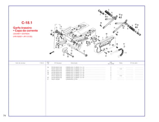74
Ref. Qtd.
Item de serviço T.M.O. Nº da peça Descrição Nota Nº de série
Nº XLX 250R
36 95700-06010-00 PARAFUSO, FLANGE, 6 x 10 ...................................................... 2 .................. .................... .......................
95701-06010-00 PARAFUSO, FLANGE, 6 x 10 ...................................................... 2 Y-Y .................... .......................
37 95700-06018-00 PARAFUSO, FLANGE, 6 x 18 ...................................................... 1 .................. .................... .......................
38 95700-06020-00 PARAFUSO, FLANGE, 6 x 20 ...................................................... 2 .................. .................... .......................
39 95700-08020-00 PARAFUSO, FLANGE, 8 x 20 ...................................................... 4 .................. .................... .......................
95701-08020-00 PARAFUSO, FLANGE, 8 x 20 ...................................................... 4 Y-Y .................... .......................
40 95700-08045-00 PARAFUSO, FLANGE, 8 x 45 ...................................................... 1 .................. .................... .......................
41 96201-80000 GRAXEIRA, B.T6S........................................................................ 1 .................. .................... .......................
C-18.1
Garfo traseiro
• Capa da corrente
(2023801~2037624)
(HR100001~JR110126)
 