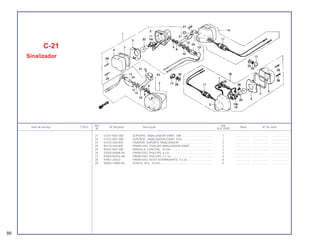 86
Ref. Qtd.
Item de serviço T.M.O. Nº da peça Descrição Nota Nº de série
Nº XLX 250R
21 53101-KB7-000 SUPORTE, SINALIZADOR DIANT. DIR........................................ 1 .................. .................... .......................
22 53102-KB7-000 SUPORTE, SINALIZADOR DIANT. ESQ ...................................... 1 .................. .................... .......................
23 53103-428-000 FIXADOR, SUPORTE SINALIZADOR........................................... 2 .................. .................... .......................
24 90129-428-000 PARAFUSO, FIXAÇÃO SINALIZADOR DIANT............................. 2 .................. .................... .......................
25 90202-KB7-000 ARRUELA, ESPECIAL, 10 mm ..................................................... 2 .................. .................... .......................
26 93500-04008-0H PARAFUSO, PHILLIPS, 4 x 8 ....................................................... 2 .................. .................... .......................
27 93500-05016-0A PARAFUSO, PHILLIPS, 5 x 16 ..................................................... 4 .................. .................... .......................
28 93901-24610 PARAFUSO, AUTO-ATARRAXANTE, 4 x 25 ................................ 8 .................. .................... .......................
29 94002-10080-0S PORCA, SEX., 10 mm .................................................................. 4 .................. .................... .......................
C-21
Sinalizador
 