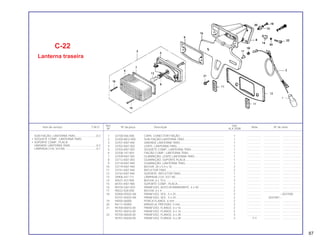 Ref. Qtd.
Item de serviço T.M.O. Nº da peça Descrição Nota Nº de série
Nº XLX 250R
1 32108-046-000 CAPA, CONECTOR FIAÇÃO ....................................................... 1 .................. .................... .......................
2 32200-MG2-000 SUB-FIAÇÃO LANTERNA TRAS .................................................. 1 .................. .................... .......................
3 33701-KB7-940 UNIDADE LANTERNA TRAS........................................................ 1 .................. .................... .......................
4 33702-KB7-003 LENTE, LANTERNA TRAS............................................................ 1 .................. .................... .......................
5 33703-KB7-003 SOQUETE COMP., LANTERNA TRAS ......................................... 1 .................. .................... .......................
6 33708-147-003 FIAÇÃO COMP., LANTERNA TRAS............................................. 1 .................. .................... .......................
7 33709-KB7-003 GUARNIÇÃO, LENTE LANTERNA TRAS ..................................... 1 .................. .................... .......................
8 33712-KB7-003 GUARNIÇÃO, SUPORTE PLACA................................................. 1 .................. .................... .......................
9 33718-KB7-940 GUARNIÇÃO, LANTERNA TRAS ................................................. 1 .................. .................... .......................
10 33719-KB7-940 BUCHA, 20 x 5,5 x 16 .................................................................. 2 .................. .................... .......................
11 33741-KB7-940 REFLETOR TRAS ......................................................................... 2 .................. .................... .......................
12 33742-KB7-940 SUPORTE, REFLETOR TRAS....................................................... 1 .................. .................... .......................
13 34906-447-711 LÂMPADA (12V, 5/21 W) ............................................................. 1 .................. .................... .......................
14 40521-437-000 BUCHA, 6 x 15,5.......................................................................... 3 .................. .................... .......................
15 84701-KB7-900 SUPORTE COMP., PLACA........................................................... 1 .................. .................... .......................
16 90105-GA7-003 PARAFUSO, AUTO-ATARRAXANTE, 4 x 40 ................................ 2 .................. .................... .......................
17 90522-028-000 BUCHA, 6 x 4............................................................................... 2 .................. .................... .......................
18 92000-05025-0A PARAFUSO, SEX., 5 x 25............................................................. 2 .................. ~2037000
93101-05025-0A PARAFUSO, SEX., 5 x 25............................................................. 2 .................. 2037001~
19 94050-06000 PORCA FLANGE, 6 mm............................................................... 2 .................. .................... .......................
20 94111-05000 ARRUELA, PRESSÃO, 5 mm ....................................................... 2 .................. .................... .......................
21 95700-06016-00 PARAFUSO, FLANGE, 6 x 16 ...................................................... 2 .................. .................... .......................
95701-06016-00 PARAFUSO, FLANGE, 6 x 16 ...................................................... 2 .................. .................... .......................
22 95700-06028-00 PARAFUSO, FLANGE, 6 x 28 ...................................................... 3 .................. .................... .......................
95701-06028-00 PARAFUSO, FLANGE, 6 x 28 ...................................................... 3 Y-Y .................... .......................
C-22
Lanterna traseira
SUB-FIAÇÃO, LANTERNA TRAS...........................0,3
• SOQUETE COMP., LANTERNA TRAS.
• SUPORTE COMP., PLACA
UNIDADE LANTERNA TRAS .................................0,2
LÂMPADA (12V, 5/21W) .......................................0,1
87
 
