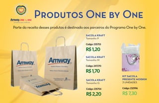 Produtos One by One
Parte da receita desses produtos é destinada aos parceiros do Programa One by One.
                                            Sacola kraft
                                            Tamanho P

                                            Código: 235753

                                            R$ 1,20
                                            Sacola kraft
                                            Tamanho M

                                            Código: 247270

                                            R$ 1,70
                                                                   Kit Sacola
                                             Sacola kraft          presente moiskin
                                             Tamanho G             3 unidades

                                             Código: 235754        Código: 232996

                                             R$ 2,20               R$ 7,30
 