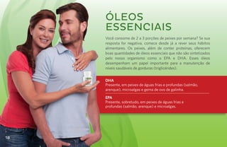 Óleos
     Essenciais
     Você consome de 2 a 3 porções de peixes por semana? Se sua
     resposta for negativa, comece desde já a rever seus hábitos
     alimentares. Os peixes, além de conter proteínas, oferecem
     boas quantidades de óleos essenciais que não são sintetizados
     pelo nosso organismo como o EPA e DHA. Esses óleos
     desempenham um papel importante para a manutenção de
     níveis saudáveis de gorduras (triglicérides).


     DHA
     Presente, em peixes de águas frias e profundas (salmão,
     arenque), microalgas e gema de ovo de galinha.

     EPA
     Presente, sobretudo, em peixes de águas frias e
     profundas (salmão, arenque) e microalgas.




18
 