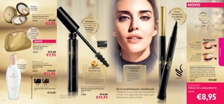 NOVO

Retoque a
maquilhagem
com estilo

Ponta
inclinada para
uma deﬁnição
incrível



24141

€6,00

Inovadora
escova “multi-ball”,
que confere uma
curvatura e
deﬁnição
perfeitas.

€3,95

Elegante
bolsa de
cosméticos para
guardar os seus
produtos
preferidos



NOVO
 Giordani Gold Cosmetic Bag
Bolsa de Cosméticos
Giordani Gold
16 x 9,5 x 3 cm.



A forma gentil
de remover a
maquilhagem

27093 Black

€12,00

€7,95

 Giordani Gold
Nourishing Cleansing Milk
Leite Nutritivo de Limpeza
Giordani Gold
200 ml.

24574

22738
Black

COMPLEXO
FortiFull Lash

€18,00

€11,95

Ajuda a estimular o colagénio1),
para proporcionar pestanas mais
preenchidas e fortes. Suavizante
e revitalizante, para que as
pestanas se mantenham suaves e
brilhantes. Ajuda a proteger contra
o impacto do envelhecimento.

22739
Brown

Giordani Gold Eye Pencil
Lápis de Olhos Giordani Gold
1 g.

€13,00

44

Giordani Gold Lash Panorama Mascara
Máscara de Pestanas Panorama
Giordani Gold
8 ml.
1) Teste ex vivo realizado com o
Complexo FortiFull Lash. Aumento
na expressão de Colagénio I e IV

27093

€16,00

€10,95

A Modelo está a usar: Eyeliner Calligraphy Giordani Gold
30772 Black , Máscara de Pestanas Panorama Giordani Gold
27093 Black , Batom Voluptuous Giordani Gold 26602 Pink
Lace .

27137

Look 1
Para um traço ﬁno
e discreto, utilize
o lado mais ﬁno
do eyeliner.

Aplicação:
maquilhagem

 Giordani Gold Cosmetic Mirror
Espelho Giordani Gold
Dimensões: 6,5 x 1 cm.

Look 2
Para um traço
mais dramático,
utilize o lado mais
grosso do eyeliner

COMPLEXO
LashVital
Enriquecido com um
tripéptido supereﬁcaz e
Panthenol para ajudar a
amaciar e a fortalecer as
pestanas.

Rosto perfeitamente emoldurado

Transforme os seus olhos em obras-primas
incríveis. Com pigmentos Nero para traços
intensamente pretos e ﬂuidos.

30772 Black

Giordani Gold Calligraphy Eye Liner
Eyeliner Calligraphy Giordani Gold
Eyeliner em caneta com ponta inclinada
para traços personalizados e máximo de
deﬁnição. Os pigmentos Nero oferecem
traços intensos e ﬂuidos. Com Complexo
LashVital para pestanas suavizadas e mais
fortes. 0, 8 ml.

€13,00

30772

Exclusivo

PREÇO DE LANÇAMENTO

apenas

€8,95

 