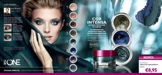 O MEU SEGREDO
Jonas Wramell,
Diretor Artístico de
Beleza Oriﬂame

Utilize o seu dedo para aplicar a Sombra
de Olhos Colour Impact. Desta forma,
espalha a sombra mais uniformemente
e o calor do seu corpo aquece o creme,
fazendo com que este espalhe na perfeição.
REALCE

Use a ponta do dedo
para aplicar a cor sobre
a pálpebra, do canto
interno para o canto
externo. Esbata para
uma cor uniforme.
INTENSIFIQUE

Para uma cor mais
intensa e mais impacto,
adicione mais camadas
e escureça de acordo
com o look pretendido.

A Modelo está a usar: Sombras de Olhos em Creme Colour Impact
The ONE 30748 Petroleum Shine, Máscara de Pestanas Volume
Blast The ONE 30460 Black, Bases de Cor IlluSkin The ONE
30598 Nude Pink.

30744
Beige
Pearl

30745
Rose
Gold

30746
Golden
Brown

30747
Olive
Green

30748
Petroleum
Shine

COR
INTENSA
SOMBRA DE OLHOS
EM CREME

30747
Olive
Green

ACABAMENTOS
OUSADOS PARA UM
OLHAR ARREBATADOR
Uma textura cremosa transforma-se numa textura em pó, para uma
maior intensidade da cor, aplicação
uniforme e acabamento fantástico.

30749
Deep
Indigo

Graças à sua fórmula
RESISTENTE, a sombra
mantém-se perfeita todo
o dia1)

The ONE Colour Impact
Cream Eye Shadow
Sombras de Olhos em
Creme Colour Impact
The ONE
4 g.

30749
Deep
Indigo
30748
Petroleum
Shine

30750
Intense
Plum

€13,00

NOVO!
Exclusivo

PREÇO DE LANÇAMENTO

GRANDE IMPACTO – LOOK INTENSO COM AS SOMBRAS DE OLHOS EM CREME
8

apenas

30751
Shimmering
Steel

1) Testado em 63 mulheres

€8,95

 