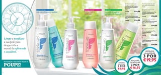 pele normal/mista

pele seca e sensível

pele oleosa

Pele hidratada e
confortável

Pele mais refrescada e saudável

 Optimals Foaming Gel
Normal/Combination Skin
Gel/Espuma de Limpeza
para Pele Normal/Mista
Optimals
200 ml.

25260

Um balão de oxigénio
para uma pele matiﬁcada

€14,00

 Optimals Balancing Toner
Normal/Combination Skin
Tónico Equilibrante para
Pele Normal/Mista Optimals
200 ml.

26000

€14,00

Produtos essenciais para
uma pele perfeitamente
limpa.
 Optimals Cleansing Milk
Dry/Sensitive Skin
Leite de Limpeza para Pele
Seca/Sensível Optimals
200 ml.

25210

 Optimals Soothing Toner
Dry/Sensitive Skin
Tónico Suavizante para Pele
Seca/Sensível Optimals
200 ml.

26001









Limpe e toniﬁque
a sua pele para
despertá-la e
mantê-la refrescada
e saudável.

POUPE!
136

€14,00

 Optimals Cleansing Gel
Oily Skin
Gel de Limpeza para Pele
Oleosa Optimals
200 ml.



25258

Enriqueça a sua rotina diária e

€14,00

€14,00

 Optimals Purifying Toner
Oily Skin
Tónico Puriﬁcante para Pele
Oleosa Optimals
200 ml.

25262

€14,00

ADQUIRA
QUAISQUER

3 POR

ADQUIRA
QUALQUER

1 POR

€ 9,95

ADQUIRA
QUAISQUER

€19,95

2 POR

€ 16,95
137

 