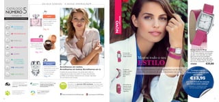 recheado de

5

NOVO!

TODOS OS SEUS PRODUTOS PREFERIDOS

EDIÇÃO LIMITADA

NÚMERO

Comece a sua primavera
com um magníﬁco aroma
ﬂoral, com a Eau de
Toilette Tenderly.

20 CUIDADOS
DO ROSTO

NOVO

CATÁLOGO

O S S E U S S O N H O S – A N O S S A I N S P I R AÇ ÃO™

Pág. 41

38 FRAGRÂNCIAS
52 PARA ELE
68 MAQUILHAGEM
86 JOVEM
96 CUIDADOS
DO CORPO
E CAPILARES
118 WELLNESS
122 NATUREZA

A Oriﬂ ame tem orgulho em fazer parte
da Associação de Venda Direta,
reﬂ etindo-se no nosso compromisso de
manter sempre a mais elevada ética
proﬁ ssional.

Para saber mais sobre a política da
Oriﬂame relativamente ao
bem-estar dos animais, por favor
visite: www.oriﬂ ame.pt

12

APRESSE-SE!

Adquira as suas Geleias
Reais preferidas a um
preço verdadeiramente
inacreditável!

Pág. 145

O mostrador
branco exibe um
design moderno

ESTILO

MENOS DE METADE
DO PREÇO!

A desculpa perfeita para
experimentar o nosso creme
de rosto mais adorado –
o Creme Anti-Idade
Diamond Cellular!

Pág. 147
Através da nossa colaboração com a
Rainforest Alliance, garantimos que todo
o papel nos nossos catálogos é
oriundo de ﬂ orestas geridas de
forma sustentável.

As nossas iniciativas de caridade
em curso ajudam crianças e
jovens através de diversos
programas educativos.

Acreditamos em sonhos.
Acreditamos em beleza. Acreditamos em si.
Gostaria de poupar tempo mas ainda assim estar na
vanguarda da moda e do estilo? O nosso diversiﬁcado
portfólio de produtos oferece-lhe um mundo mais belo
de uma forma mais simples.
Acreditamos de tal forma na qualidade dos nossos produtos
que damos uma garantia 100% satisfação. Caso não esteja
totalmente satisfeito com o seu produto, poderá devolvê-lo no
prazo de 30 dias e devolveremos a totalidade do dinheiro.

http://www.facebook.com/oriﬂameportugal

Mostre todo o seu

A coroa do
relógio, também
em prateado,
para ajustar a
hora

A bracelete em
imitação de pele
apresenta fecho
e acabamentos
magníﬁcos

Relógio deslumbrante, com uma bracelete cor-de-rosa
comprida, em imitação de pele, e mostrador em vidro.

Colorful Wrap Watch
Relógio Colorful Wrap
Relógio fabuloso, com uma bracelete
cor-de-rosa comprida, em imitação
de pele, e um mostrador em vidro.
Parte de trás em aço inoxidável.
Movimento quartz. Inclui pilha sem
mercúrio. Níquel Testado. Bracelete:
41 x 1,5 cm, mostrador: 3 x 2,7 cm.

476060

€35,00

O relógio mais in
desta estação pode ser seu
por apenas

€13,95

por cada €15,00 de compras
que efetuar neste catálogo*
*Limitado a 1 relógio por cada
€15 de compras efetuadas

www.youtube.com/PTOriﬂame

13

 