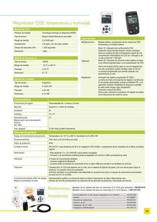 18
Osciloscopio portátil
con canales aislados
Versión C: 1 osciloscopio con 1 sonda (1/10, 1000 V), 1 adaptador
BNC/banana, 1 juego de puntas banana, 1 juego de baterías 6 AA
NiMH, 1 bolsa “manos libres”, 1 CD-ROM que contiene 1 manual de
usuario y 1 manual de programación.
Versión CK: 1 igual que la versión C y además 1 cable de
comunicación óptica y 1 CD que contiene el software SX-METRO/P y
drivers de cable USB.
OX5022-C: 1 osciloscopio 2 x 20 MHz
OX5022-CK: 1 osciloscopio, 2 x 20 MHz
+ Comunicación USB
OX5042-C: 1 osciloscopio 2 x 40 MHz
OX5042-CK: 1 osciloscopio 2 x 40 MHz
+ Comunicación USB
OX 5022 OX 5042
Interfaz hombre-máquina
Tipo de visualización Pantalla TFT LCD color 3,5” – Resolución 320x240 – Retroiluminación LED
Modo de visualización 2.500 cuentas de adquisición real en pantalla
Visualización de curvas en pantalla 2 curvas + 2 referencias + traza de memoria o cálculo matemático
Comandos Ajustes directos en panel frontal y menús en pantalla mediante navegador (principal y secundario sin “menús ocultos”)
Función de ayuda interactiva integrada  JEJPNBT GSBODÏT
 JOHMÏT
 BMFNÈO
 FTQB×PM
 JUBMJBOP
 TVFDP
 SVNBOP
 SVTP
 mOMBOEÏT
 QPMBDP
 IPMBOEÏT
0RGR RVFLORVFRSLR  'HÁH[LyQ YHUWLFDO
Ancho de banda 20 MHz 40 MHz
Limitador de ancho de banda 1,5 MHz, 5 kHz
Número de canales 2 canales totalmente aislados
Impedancia de entrada  .û œ
 
 BQSØY  Q'
Tensión máxima de entrada 600 V CAT III – Reducción -20dB por década desde 100 kHz
Sensibilidad vertical 5 mV a 200 V/div
'HÁH[LyQ KRUL]RQWDO
Velocidad de barrido 25 ns/div a 200 s/div – Modo Roll de 100 ms a 200 s/div
Zoom horizontal Factor de zoom: x1, x2, x5
Disparo
Modo Automático, disparo, un disparo y Roll con disparo
Tipo Flanco, duración de impulso (20 ns – 2 s)
Acoplamiento $ P %$ TFHÞO BDPQMBNJFOUP EFM DBOBM EF EJTQBSP

 )'
 -' P SFDIB[P EF SVJEP
Sensibilidad õ 
 EJWJTJPOFT QQ IBTUB  .)[ õ 
 EJWJTJPOFT QQ IBTUB  .)[
Memoria digital
Velocidad máxima de muestreo Automático, disparo, un disparo y Roll con disparo
Resolución vertical 9 bits
Profundidad de memoria 2.500 puntos por canal
Almacenamiento de usuario  .# QBSB BMNBDFOBS BSDIJWPT EF USB[BT USD

 UFYUP UYU

 DPOmHVSBDJØO DGH
 F JNÈHFOFT CNQ

Modo GLITCH %VSBDJØO ö  OT o QBSFT  NÓONÈY
Modos de visualización Envolvente, Promedio (factores 2 a 64) y XY (vector)
Otras funciones
Funciones matemáticas Inversión, suma, resta, multiplicación y división de canal (escala ajustable)
Medidas con cursor  DVSTPSFT 7
 5
 E7
 EU TJNVMUÈOFBNFOUF o SFTPMVDJØO EF WJTVBMJ[BDJØO  EÓHJUPT
Medidas automáticas 18 medidas de tiempo o nivel y medida de fase
Modo multímetro
(VSHFLÀFDFLRQHV JHQHUDOHV 7JTVBMJ[BDJØO EF  DBOBMFT Z  DUBT o 3FHJTUSP HSÈmDP EF  NFEJEBT  NJO B  NFT

Modos de funcionamiento 7JTVBMJ[BEPS BCTPMVUP P SFMBUJWP BCTPMVUP
 EFTWJBDJØO
 SFG
 SFG 
 o .POJUPSJ[BDJØO JOTUBOUÈOFB
 .ÓO
 .ÈY
 WH

Tensiones AC, DC y AC+DC 3BOHPT EF  N7 B  73.4
  N7 B  7%$ o QSFDJTJØO QBSB 7%$  MFDUVSB 