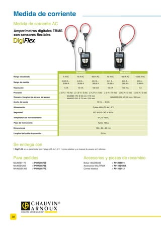 %
Otras medidas Frecuencia, velocidad de rotación, prueba de diodo 3,3V, medida de temperatura (con termopar K o sonda de infrarrojos)
Potencia
Medidas Potencia activa monofásica y trifásica equilibrada (con o sin neutro), visualización simultánea de corriente
Modo analizador de armónicos
Análisis multicanal 2 canales, 31 órdenes, frecuencia fundamental de 40 a 450 Hz
Medidas simultáneas VRMS UPUBM
 5)% Z PSEFO TFMFDDJPOBEP GVOEBNFOUBM
 GBTF
 GSFDVFODJB
 7RMS)
(VSHFLÀFDFLRQHV JHQHUDOHV
Muestras de pantalla )BTUB  BSDIJWPT FO GPSNBUP FTUÈOEBS iCNQw
 WJTVBMJ[BCMF FO FM JOTUSVNFOUP
Comunicación PC Interfaz USB óptico aislado – software de aplicación PC “SX-Metro” disponible como opción (versión CK)
Alimentación
 CBUFSÓBT -3 P   /J.) o VUPOPNÓB EF MB CBUFSÓB IBTUB  I  NJO  EBQUBEPS QBSB UPNB EF DPSSJFOUF
VOJWFSTBM BJTMBEP EF MPT DBOBMFT o $BSHB SÈQJEB FO  I  NJO
Seguridad / EMC 4FHVSJEBE TFHÞO *$ E o  7 $5 *** o .$ TFHÞO /
  : /
 
(VSHFLÀFDFLRQHV PHFiQLFDV 99 NN o 
 LH DPO CBUFSÓBT o DBSDBTB EF FMBTUØNFSP NPMEFBEP o QSPUFDDJØO *1
Garantía 3 años
Referencias y estado de entrega
OX 5042OX 5022
 