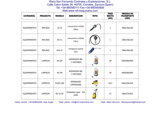 CATEGORCATEGORCATEGORCATEGORÍÍÍÍAAAA PROUDCTOPROUDCTOPROUDCTOPROUDCTO MODELOMODELOMODELOMODELO DESCRIPCIONDESCRIPCIONDESCRIPCIONDESCRIPCION FOTOFOTOFOTOFOTO
PESOPESOPESOPESO
BRUTOBRUTOBRUTOBRUTO
(KG)(KG)(KG)(KG)
MEDIDAMEDIDAMEDIDAMEDIDA DEDEDEDE
TRANSPORTETRANSPORTETRANSPORTETRANSPORTE
(MM)(MM)(MM)(MM)
Venta central: +34-629822496 Jose Angel Pedir precio: info@rsf-maquinaria.com Pedir datos técnicos: rsfmaquinaria@hotmail.com
Riera San Fernando Contratas y Explotaciones, S.L.
Calle Calvo Sotelo 26, 49700, Corrales, Zamora (Spain)
Tel.:+34-980560111 Fax:+34-980560856
Web:www.rsf-maquinaria.com
EQUIPAMIENTO INFLADO IA-18
manometro inflado
18bar
1 300x150x100
EQUIPAMIENTO INFLADO IM-12
manometro inflado
12bar
1 300x150x150
EQUIPAMIENTO INFLADO MA-10
manguera espiral
10m
1 300x100x100
EQUIPAMIENTO LIMPIEZA AS-2M
ASPIRADOR 80L
2 MOTORES
28 600x580x950
EQUIPAMIENTO LIMPIEZA AS-3M
ASPIRADOR 80L
3 MOTORES
30 600x580x950
EQUIPAMIENTO LIMPIEZA PUZZI 100
ASPIRADOR
LIMPIADORA
10,3 660x320x436
EQUIPAMIENTO LIMPIEZA HD 5/15C
limpiadora agua fría
220V
23 360x375x925
 