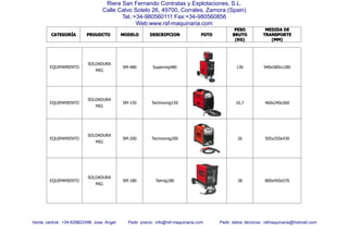 CATEGORCATEGORCATEGORCATEGORÍÍÍÍAAAA PROUDCTOPROUDCTOPROUDCTOPROUDCTO MODELOMODELOMODELOMODELO DESCRIPCIONDESCRIPCIONDESCRIPCIONDESCRIPCION FOTOFOTOFOTOFOTO
PESOPESOPESOPESO
BRUTOBRUTOBRUTOBRUTO
(KG)(KG)(KG)(KG)
MEDIDAMEDIDAMEDIDAMEDIDA DEDEDEDE
TRANSPORTETRANSPORTETRANSPORTETRANSPORTE
(MM)(MM)(MM)(MM)
Venta central: +34-629822496 Jose Angel Pedir precio: info@rsf-maquinaria.com Pedir datos técnicos: rsfmaquinaria@hotmail.com
Riera San Fernando Contratas y Explotaciones, S.L.
Calle Calvo Sotelo 26, 49700, Corrales, Zamora (Spain)
Tel.:+34-980560111 Fax:+34-980560856
Web:www.rsf-maquinaria.com
EQUIPAMIENTO
SOLDADURA
MIG
SM-480 Supermig480 136 940x580x1280
EQUIPAMIENTO
SOLDADURA
MIG
SM-150 Technomig150 10,7 460x240x360
EQUIPAMIENTO
SOLDADURA
MIG
SM-200 Technomig200 26 505x250x430
EQUIPAMIENTO
SOLDADURA
MIG
SM-180 Telmig180 38 800x450x570
 