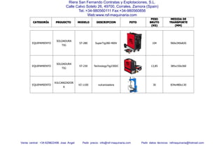 CATEGORCATEGORCATEGORCATEGORÍÍÍÍAAAA PROUDCTOPROUDCTOPROUDCTOPROUDCTO MODELOMODELOMODELOMODELO DESCRIPCIONDESCRIPCIONDESCRIPCIONDESCRIPCION FOTOFOTOFOTOFOTO
PESOPESOPESOPESO
BRUTOBRUTOBRUTOBRUTO
(KG)(KG)(KG)(KG)
MEDIDAMEDIDAMEDIDAMEDIDA DEDEDEDE
TRANSPORTETRANSPORTETRANSPORTETRANSPORTE
(MM)(MM)(MM)(MM)
Venta central: +34-629822496 Jose Angel Pedir precio: info@rsf-maquinaria.com Pedir datos técnicos: rsfmaquinaria@hotmail.com
Riera San Fernando Contratas y Explotaciones, S.L.
Calle Calvo Sotelo 26, 49700, Corrales, Zamora (Spain)
Tel.:+34-980560111 Fax:+34-980560856
Web:www.rsf-maquinaria.com
EQUIPAMIENTO
SOLDADURA
TIG
ST-280 SuperTig280-400V 104 960x340x820
EQUIPAMIENTO
SOLDADURA
TIG
ST-230 TechnologyTig230DC 13,85 385x150x360
EQUIPAMIENTO
VULCANIZADOR
A
VZ-1100 vulcanizadora 30 834x480x130
 