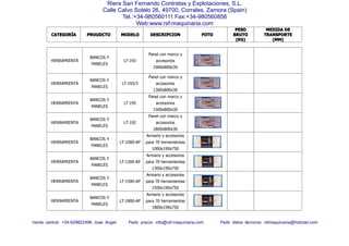 CATEGORCATEGORCATEGORCATEGORÍÍÍÍAAAA PROUDCTOPROUDCTOPROUDCTOPROUDCTO MODELOMODELOMODELOMODELO DESCRIPCIONDESCRIPCIONDESCRIPCIONDESCRIPCION FOTOFOTOFOTOFOTO
PESOPESOPESOPESO
BRUTOBRUTOBRUTOBRUTO
(KG)(KG)(KG)(KG)
MEDIDAMEDIDAMEDIDAMEDIDA DEDEDEDE
TRANSPORTETRANSPORTETRANSPORTETRANSPORTE
(MM)(MM)(MM)(MM)
Venta central: +34-629822496 Jose Angel Pedir precio: info@rsf-maquinaria.com Pedir datos técnicos: rsfmaquinaria@hotmail.com
Riera San Fernando Contratas y Explotaciones, S.L.
Calle Calvo Sotelo 26, 49700, Corrales, Zamora (Spain)
Tel.:+34-980560111 Fax:+34-980560856
Web:www.rsf-maquinaria.com
HERRAMIENTA
BANCOS Y
PANELES
LT-193
Panel con marco y
accesorios
1000x800x30
HERRAMIENTA
BANCOS Y
PANELES
LT-193/3
Panel con marco y
accesorios
1300x800x30
HERRAMIENTA
BANCOS Y
PANELES
LT-195
Panel con marco y
accesorios
1500x800x30
HERRAMIENTA
BANCOS Y
PANELES
LT-192
Panel con marco y
accesorios
1800x800x30
HERRAMIENTA
BANCOS Y
PANELES
LT-1000-AP
Armario y accesorios
para 70 herramientas
1000x190x750
HERRAMIENTA
BANCOS Y
PANELES
LT-1300-AP
Armario y accesorios
para 70 herramientas
1300x190x750
HERRAMIENTA
BANCOS Y
PANELES
LT-1500-AP
Armario y accesorios
para 70 herramientas
1500x190x750
HERRAMIENTA
BANCOS Y
PANELES
LT-1800-AP
Armario y accesorios
para 70 herramientas
1800x190x750
 