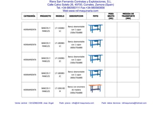 CATEGORCATEGORCATEGORCATEGORÍÍÍÍAAAA PROUDCTOPROUDCTOPROUDCTOPROUDCTO MODELOMODELOMODELOMODELO DESCRIPCIONDESCRIPCIONDESCRIPCIONDESCRIPCION FOTOFOTOFOTOFOTO
PESOPESOPESOPESO
BRUTOBRUTOBRUTOBRUTO
(KG)(KG)(KG)(KG)
MEDIDAMEDIDAMEDIDAMEDIDA DEDEDEDE
TRANSPORTETRANSPORTETRANSPORTETRANSPORTE
(MM)(MM)(MM)(MM)
Venta central: +34-629822496 Jose Angel Pedir precio: info@rsf-maquinaria.com Pedir datos técnicos: rsfmaquinaria@hotmail.com
Riera San Fernando Contratas y Explotaciones, S.L.
Calle Calvo Sotelo 26, 49700, Corrales, Zamora (Spain)
Tel.:+34-980560111 Fax:+34-980560856
Web:www.rsf-maquinaria.com
HERRAMIENTA
BANCOS Y
PANELES
LT-1500BD-
1C
Banco desmontable
con 1 cajon
1500x750x880
HERRAMIENTA
BANCOS Y
PANELES
LT-1800BD-
1C
Banco desmontable
con 1 cajon
1800x750x880
HERRAMIENTA
BANCOS Y
PANELES
LT-1500BD-
2C
Banco desmontable
con 2 cajon
1500x750x880
HERRAMIENTA
BANCOS Y
PANELES
LT-1800BD-
2C
Banco desmontable
con 2 cajon
1800x750x880
HERRAMIENTA
BANCOS Y
PANELES
LT-1000-BD
M
Banco con encimera
de madera
1000x750x880
 