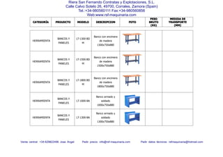 CATEGORCATEGORCATEGORCATEGORÍÍÍÍAAAA PROUDCTOPROUDCTOPROUDCTOPROUDCTO MODELOMODELOMODELOMODELO DESCRIPCIONDESCRIPCIONDESCRIPCIONDESCRIPCION FOTOFOTOFOTOFOTO
PESOPESOPESOPESO
BRUTOBRUTOBRUTOBRUTO
(KG)(KG)(KG)(KG)
MEDIDAMEDIDAMEDIDAMEDIDA DEDEDEDE
TRANSPORTETRANSPORTETRANSPORTETRANSPORTE
(MM)(MM)(MM)(MM)
Venta central: +34-629822496 Jose Angel Pedir precio: info@rsf-maquinaria.com Pedir datos técnicos: rsfmaquinaria@hotmail.com
Riera San Fernando Contratas y Explotaciones, S.L.
Calle Calvo Sotelo 26, 49700, Corrales, Zamora (Spain)
Tel.:+34-980560111 Fax:+34-980560856
Web:www.rsf-maquinaria.com
HERRAMIENTA
BANCOS Y
PANELES
LT-1300-BD
M
Banco con encimera
de madera
1300x750x880
HERRAMIENTA
BANCOS Y
PANELES
LT-1500-BD
M
Banco con encimera
de madera
1500x750x880
HERRAMIENTA
BANCOS Y
PANELES
LT-1800-BD
M
Banco con encimera
de madera
1800x750x880
HERRAMIENTA
BANCOS Y
PANELES
LT-1000-BA
Banco armado y
soldado
1000x750x880
HERRAMIENTA
BANCOS Y
PANELES
LT-1300-BA
Banco armado y
soldado
1300x750x880
 