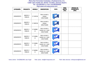 CATEGORCATEGORCATEGORCATEGORÍÍÍÍAAAA PROUDCTOPROUDCTOPROUDCTOPROUDCTO MODELOMODELOMODELOMODELO DESCRIPCIONDESCRIPCIONDESCRIPCIONDESCRIPCION FOTOFOTOFOTOFOTO
PESOPESOPESOPESO
BRUTOBRUTOBRUTOBRUTO
(KG)(KG)(KG)(KG)
MEDIDAMEDIDAMEDIDAMEDIDA DEDEDEDE
TRANSPORTETRANSPORTETRANSPORTETRANSPORTE
(MM)(MM)(MM)(MM)
Venta central: +34-629822496 Jose Angel Pedir precio: info@rsf-maquinaria.com Pedir datos técnicos: rsfmaquinaria@hotmail.com
Riera San Fernando Contratas y Explotaciones, S.L.
Calle Calvo Sotelo 26, 49700, Corrales, Zamora (Spain)
Tel.:+34-980560111 Fax:+34-980560856
Web:www.rsf-maquinaria.com
HERRAMIENTA
BANCOS Y
PANELES
LT-1500-BA
Banco armado y
soldado
1500x750x880
HERRAMIENTA
BANCOS Y
PANELES
LT-1800-BA
Banco armado y
soldado
1800x750x880
HERRAMIENTA
BANCOS Y
PANELES
LT-1000BA-
1C
Banco armado y
soldado con 1 cajon
1000x750x880
HERRAMIENTA
BANCOS Y
PANELES
LT-1300BA-
1C
Banco armado y
soldado con 1 cajon
1300x750x880
HERRAMIENTA
BANCOS Y
PANELES
LT-1500BA-
1C
Banco armado y
soldado con 1 cajon
1500x750x880
HERRAMIENTA
BANCOS Y
PANELES
LT-1800BA-
1C
Banco armado y
soldado con 1 cajon
1800x750x880
 