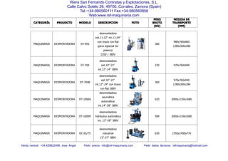 CATEGORCATEGORCATEGORCATEGORÍÍÍÍAAAA PROUDCTOPROUDCTOPROUDCTOPROUDCTO MODELOMODELOMODELOMODELO DESCRIPCIONDESCRIPCIONDESCRIPCIONDESCRIPCION FOTOFOTOFOTOFOTO
PESOPESOPESOPESO
BRUTOBRUTOBRUTOBRUTO
(KG)(KG)(KG)(KG)
MEDIDAMEDIDAMEDIDAMEDIDA DEDEDEDE
TRANSPORTETRANSPORTETRANSPORTETRANSPORTE
(MM)(MM)(MM)(MM)
Venta central: +34-629822496 Jose Angel Pedir precio: info@rsf-maquinaria.com Pedir datos técnicos: rsfmaquinaria@hotmail.com
Riera San Fernando Contratas y Explotaciones, S.L.
Calle Calvo Sotelo 26, 49700, Corrales, Zamora (Spain)
Tel.:+34-980560111 Fax:+34-980560856
Web:www.rsf-maquinaria.com
MAQUINARIA DESMONTADORA DT-95S
desmontadora
ext.11-22" int.13-24"
con brazo run-flat
garra especial sin
palanca
220V / 380V
360
980x760x860
1280x300x280
MAQUINARIA DESMONTADORA DT-704
desmontadora
ext.10"-22"
int.12"-24" 380V
230 970x760x940
MAQUINARIA DESMONTADORA DT-704B
desmontadora
ext.10"-22"
int.12"-24" con brazo
run-flat 380V
360
970x760x940
1280x300x280
MAQUINARIA DESMONTADORA DT-1000A
desmontadora
neumática
automática
int.14"-28" 380V
620 2000x1150x1680
MAQUINARIA DESMONTADORA DT-1000H
desmontadora
hidráulica automática
int. 13"-28" 380V
584 2000x1150x1680
MAQUINARIA DESMONTADORA DC-65/75
desmontadora
industrial
13"-27" 380V
630 1550x1400x770
 