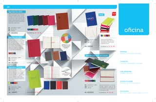 26 
oficina 
Avira 
Libreta personal para bitácora 
con 100 hojas rayadas color hueso, 
cinta elástica para sujetar cubierta 
y separador de listón. 
Agenda semanal de bolsillo, con 120 hojas. 
Contenido: Calendario impreso del año 
2014 a 2016, página con días festivos, hoja 
de plan mensual, directorio, hojas para no-tas 
y separador de listón. 
mat poliuretano / papel 
med 9 x 14 cm 
emp 80 pzas. 
Agenda Clío 2015 
Agenda semanal de 120 hojas, espacio para 
marcar las prioridades y tareas semanales, 
calendarios, listado de hoteles, restauran-tes, 
mapa con horarios mundiales, tabla 
de equivalencias, tabla de distancias entre 
ciudades, carreteras de México y teléfonos 
de emergencia, calendario de verificación y 
stickers para señalar eventos. 
mat poliuretano / papel 
med 18 x 25 cm 
emp 24 pzas. 
MOD AGC2015 se imprime en: SE. GS. hs. 
mat poliuretano / papel 
med 18 x 25 cm 
emp 24 pzas. 
MOD 
mat poliuretano / papel 
med 17.5 x 9 cm 
emp 60 pzas. 
MOD 
MOD 
se imprime en: SE. GS. hs. 
se imprime en: SE. GS. hs. 
se imprime en: SE. GS. hs. 
LIB3163 
AGL2015 
AGP2015 
2014 
AZ VC RS NG RJ 
RS CF VN AZ NG VR 
RJ GR CF AZ 
AZ VR NG VN RS CF 
Agenda Lux 2015 
Agenda semanal de 120 hojas, espacio 
para marcar las prioridades y tareas sema-nales, 
calendarios, listado de hoteles, res-taurantes, 
mapa con horarios mundiales, 
tabla de equivalencias, tabla de distancias 
entre ciudades, carreteras de México y 
teléfonos de emergencia, calendario de 
verificación y stickers para señalar even-tos. 
CON FORRO TEXTURIZADO. 
Agendario personal, se utiliza para 
apuntar tareas por realizar. Ya que no 
tiene año impreso, es posible anotar el 
día, mes y año que se requiera. Incluye 
calendario del 2014 al 2017 para consulta 
de fechas. Páginas finales con hojas 
rayadas y directorio en orden alfabético. 
Sobre interior para guardar papeles en la 
contraportada. 
VC AZ NG RJ CF 
mat poliuretano / papel 
med 21 x 14 x 1.3 cm 
emp 40 pzas. 
MOD LIB4971 se imprime en: SE. GS. hs. 
Agenda Clío 2015 de bolsillo 
libretas 
AGENDAS • ECOLÓGICAS • ESCOLARES 
carpetas 
EJECUTIVO • PROFESIONAL • ACADÉMICO 
calculadoras 
SOLARES • MULTIUSOS 
productividad 
RELOJES • TARJETEROS • CÓMPUTO 
escolares 
ESTUCHES • REGLAS • LUPAS • LIBRETAS • POST IT 
AGENDAS LUX Y CLÍO 
INCLUYEN STICKERS 
PARA MARCAR 
EVENTOS 
SOBRE EN guarda 
interior 
Agendario Turner 
 