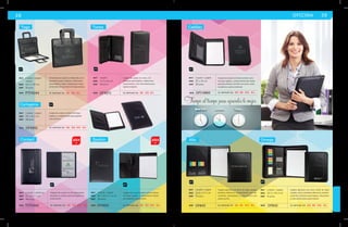 28 OFICINA 29 
Togo Tunez Cadillac 
NG 
2014 2014 
NG 
mat curpiel / papel 
metal 
med 34.4 x 29 cm 
emp 10 pzas. 
Portafolios de curpiel con diferentes com-partimentos 
para: Tarjetas, credenciales, 
documentos y notas. Argollas para hojas 
perforadas. Incluye block de hojas rayadas. 
MOD PTF4044 se imprime en: SE. GS. G L . 
mat curpiel 
med 14.3 x 24 cm 
emp 40 pzas. 
Carpeta de curpiel con cierre, con 
divisiones para tarjetas, credenciales 
y documentos. Con cinta elástica para 
sujetar bolígrafo. 
MOD OF4671 se imprime en: SE. GS. G L . 
mat curpiel / papel 
med 32 x 24.5 x 1.4 cm 
emp 20 pzas. 
NG 
Carpeta de curpiel tamaño carta con block 
de hojas rayadas, compartimento lateral 
para papeles y documentos. 
MOD OF4934 se imprime en: SE. GS. H S . G l . 
mat curpiel / papel 
med 24 x 16.3 cm 
emp 48 pzas. 
NG 
Carpeta de curpiel con block de hojas 
rayadas y compartimento para papeles 
y documentos. 
MOD OF4932 se imprime en: SE. GS. h s . G l . 
NG 
NG 
mat curpiel / papel 
med 24.6 x 31.7 cm 
emp 15 pzas. 
Carpeta ejecutiva con block de hojas rayadas, 
banderas adhesivas, compartimento para do-cumentos, 
portatarjetas y cinta elástica para 
sujetar pluma. 
MOD OF843 se imprime en: GS. SE. H S . G l . 
NG 
mat curpiel / papel 
med 25.5 x 34.4 cm 
emp 15 pzas. 
Carpeta ejecutiva con cierre, block de hojas 
rayadas, notas y banderas adhesivas, portado-cumentos, 
divisiones para tarjetas, calculadora 
y cinta elástica para sujetar pluma. 
MOD OF842 se imprime en: GS. SE. H S . G l . 
mat curpiel / papel 
med 25 x 34 cm 
emp 20 pzas. 
Carpeta de curpiel con block tamaño carta 
de hojas rayadas, compartimento tipo folder 
para documentos, división con cierre, venta-na 
plástica y porta credencial. 
MOD OFC4860 se imprime en: GS. SE. H S . G l . 
mat curpiel / plástico 
med 11 x 20 x 2 cm 
emp 48 pzas. 
NG 
Tarjetero de curpiel con 20 separadores 
de plástico y espacio para 60 tarjetas de 
presentación. 
MOD TJT2464 se imprime en: SE. GS. H S . G L . 
Tiempo al tiempo para aprender lo mejor 
Alfa Omega 
Cartagena 
Contact Épsilon 
 