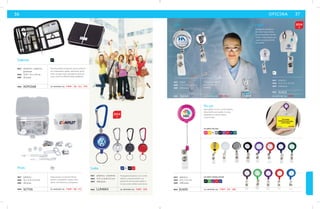 36 OFICINA 37 
Ady Frank 
mat metal 
med 7.9 x 3.3 x 2.3 cm 
emp 240 pzas. 
mat plástico 
med 4.5 x 4 x 3.5 cm 
emp 240 pzas. 
mat plástico 
med 8.5 x 3.2 cm 
emp 240 pzas. 
PL 
Portagafete metálico 
con hilo de metal 
y caimán. 
Portagafete de plástico, 
de cuerpo hueco, forma 
de bata de doctor, con hilo 
elástico, clip posterior para 
sujetar a la ropa y broche 
para gafete. 
se imprime en: GR. G L . se imprime en: T M P . 
Yo-yo 
Porta gafete circular, con hilo elástico, 
clip posterior para sujetar a la ropa, 
disponible en colores sólidos 
y translúcidos. 
COLORES SÓLIDOS 
RS AM BL PL NG LL RJ AZ VR 
COLORES TRANSLÚCIDOS 
se imprime en: T M P . S E . GR. 
SLK14 
SLK13 
MOD 
MOD 
mat plástico / aluminio 
med 4.9 x 2.6 Ф 3.5 cm 
emp 240 pzas. 
BL 
Portagafete de plástico con cordón 
elástico y sistema retráctil, con 
gancho de aluminio para sujetar a 
la ropa y arillo metálico para llaves. 
MOD LLR4664 se imprime en: TMP . G R . MOD SLK05 
2014 
mat aluminio / plástico 
poliéster 
med 15.8 x 13 x 2.8 cm 
emp 36 pzas. 
mat plástico 
med 16 x 9.4 x 2.4 cm 
emp 40 pzas. 
TR 
Juego escolar con estuche: Pluma, 
lapicero, engrapadora, grapas, clips, 
tijeras, cinta adhesiva y quitagrapas. 
Prim 
se imprime en: T M P . SE. G L . P D . 
se imprime en: T M P . SE. F C . 
KOF2168 
SCT05 
MOD 
MOD 
2014 
NG 
NG 
Dakota 
Luka 
Estuche portátil con lapicero, pluma, portami-nas, 
engrapadora, grapas, abrecartas, goma, 
cutter, navajas, regla, calculadora y block de 
notas. PLACA AL FRENTE PARA GRABADO. 
NG VC LL RJ AZ 
BL 
AZ RJ 
 