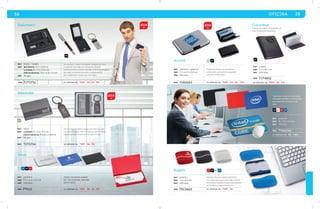 38 OFICINA 39 
2014 
Accord PL NG 
mat aluminio / plástico 
med 9.5 x 6.5 x 0.8 cm 
emp 100 pzas 
Estuche de aluminio portatarjetas y 
credenciales con broche de seguridad 
a presión y 8 divisiones. 
MOD TJR5063 se imprime en: TMP . S E . G L . P D . 
Bugatti 
mat plástico 
med 7.5 x 6.5 cm 
emp 400 pzas. 
MOD 
RJ NG BL AZ 
limpiador dual para equipo electrónico, 
con cepillo quita polvo para limpiar ranuras 
de teclado y limpiador de grasa para pantalla 
de monitores y dispositivos touch. 
TEC2625 se imprime en: TMP . SE. 
Diplomatic 
mat metal / curpiel 
med BOlígrafo: 13.5 x 0.8 cm 
LLAVERO: 8 x 3.2 x 0.4 cm 
P ORTATARJETAS: 9.6 x 6.5x 1.9 cm 
emp 50 jgos. 
Set de llavero, tarjetero y bolígrafo: Bolígrafo de metal 
y curpiel de tinta negra con mecanismo retráctil. 
Llavero de metal con arillo reforzado. Estuche portatarjetas 
de curpiel con broche de presión y ventana de PVC 
para credenciales. Incluye caja color negro. 
MOD TJT5752 
Alexander 
se imprime en: TMP . SE. GL. PD. 
PL 
Linux 
mat aluminio 
med 9.3 x 6.2 x 0.5 cm 
emp 240 pzas 
MOD PTA12 se imprime en: TMP . SE. GL. PD. 
2014 
2014 
NG 
mat metal 
med LLAVERO: 9 x 3.5 x 0.3 cm 
P ORTATARJETAS: 9.4 x 6 x 0.8 cm 
emp 54 jgos. 
Set de llavero y tarjetero. Llavero de metal con arillo 
reforzado. Tarjetero mate con franja de metal brillante, 
cierre de presión. Presentación en caja color gris. 
MOD TJT5754 se imprime en: TMP . SE. GL. 
Miler 
Tapete para mouse de tela poliéster, 
mousepad color blanco recomendado 
para impresión en transfer a todo 
color. 
NG BL RJ AZ 
mat poliéster 
med 18 x 22 x 0.3 cm 
emp 120 pzas. 
TPM4741 
MOD 
se imprime en: SE. Tra . 
Tarjetero de aluminio, acabado 
liso, cierre de presión, capacidad 
para 12 tarjetas. 
PL AZ NG RJ 
Columbus 
Tarjetero de curpiel con pespuntes en 
rojo y 10 divisiones de plástico. 
NG 
mat curpiel 
med 7.5 x 10.5 cm 
emp 200 pzas. 
MOD TJT4852 
se imprime en: T M P . SE. G S . 
 