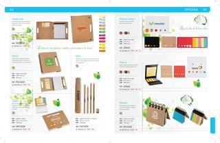 42 OFICINA 43 
Post-it Colors 
Estuche de papel reciclado 
con banderas adhesivas. 
RJ BL NG KR 
mat papel reciclado 
med 8 x 6 cm 
emp 1000 pzas. 
MOD OF644 
se imprime en: T M P . SE. F C . 
Post-it 
Sobre cuadrado de papel reciclado 
con notas y banderas adhesivas. 
RJ BL NG KR 
mat papel reciclado 
med 8.5 x 8 cm 
emp 400 pzas. 
MOD OF645 
se imprime en: T M P . SE. F C . 
Patrick 
Mini block de notas adhesivas 
con espiral metálico, contiene 
banderas de color. 
KR 
mat papel reciclado 
med 8 x 7.5 x 2 cm 
emp 120 pzas. 
MOD 
PST4339 
se imprime en: T M P . SE. 
Green top 
Portafolios de cartón con broches 
de presión, block, notas adhesivas 
y pluma ecológica. 
KR 
mat papel reciclado 
med 28.7 x 34.5 cm 
emp 50 pzas. 
MOD PEC2728 
se imprime en: T M P . SE. 
Portafolios ecológico con libreta 
de espiral metálico. Incluye pluma 
de papel reciclado y notas adhesivas. 
mat papel reciclado 
med 20.5 x 18 cm 
emp 40 pzas. 
MOD PEC4224 
se imprime en: T M P . SE. 
Capri 
Ekus 
mat papel / cartón 
med 10.5 x 8 x 1.2 cm 
emp 100 pzas. 
mat papel reciclado / madera 
med 20.5 x 2.6 cm 
emp 200 jgos. 
KR 
KR 
Block de hojas blancas con cubierta 
de papel ecológico. Incluye notas 
adhesivas y minibolígrafo de papel 
reciclado. 
Estuche de escritura de papel reciclado con 
tapa. Incluye 2 lápices de madera, 2 plumas 
y un sacapuntas. 
NEC3238 ESC4876 
MOD MOD 
se imprime en: T M P . SE. se imprime en: T M P . SE. 
Idea 
Kairo 
KR 
“La tierra no nos pertenece, nosotros pertenecemos a la tierra” 
Llena tu día de buenas ideas 
 