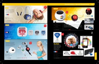 54 
2014 
2014 
Audífonos de plástico con diadema 
ajustable, base móvil para cada audi-fono, 
orejeras acolchadas que aislan 
del ruido exterior. Audio de 0.6˜0.8 V 
EXTENSIÓN DE CABLE: 112 cm. 
Bl AZ RJ 
mat ABS 
med 17.5 x 15.2 x 3 cm 
emp 50 pzas. 
MOD TEA2760 
Roule 
Audífonos personales con estuche 
cuadrado y esquinas redondeadas. 
Con 2 pares de repuestos de protec-tores 
de goma, soporte para enrollar 
cable, tapa plástica transparente. 
Extensión total: 116 cm 
RJ Bl NG AZ 
mat plástico 
med 17.5 x 15.2 x 3.3 cm 
emp 200 pzas. 
se imprime e n: T M P . SE. 
se imprime e n: T M P . SE. 
MOD TEA6027 
Audifonos personales, para guardarse, 
se enrollan alrededor de la polea de 
plástico gracias a su mecanismo retráctil, 
el seguro se activa estirando el cable al 
tope. Extensión total 80 cm. 
Bl NG 
mat plástico 
med 80 cm de largo. 
emp 500 pzas. 
MOD TEA3860 se imprime e n: TMP . SE. G R . 
2014 
BLUETOOTH 
Altavoz redondo de plástico, con tecnología Bluetooth, bocina giratoria 
para direccionar el sonido. El cable se enrolla y se guarda en la parte trasera, 
luz indicadora de carga y encendido, interruptor line/apagado/bluetooth, 
incluye cable de carga MICRO USB a usb. Empaque individual en caja blanca. 
mat plástico 
med ø 7 cm x 6.5 cm 
de alto. 
emp 100 pzas. 
MOD UT5806 se imprime e n: TMP . 
Duo Music 
Adaptador de viaje para dos 
juegos de audífonos, permite 
compartir el audio de cualquier 
dispositivo. Incluye chupón 
plástico para adherir a 
superficies lisas y sujetar 
a dispositivo móvil. 
AZ Bl RJ 
mat plástico 
med 3 x 5 x 1.5 cm 
emp 500 pzas. 
MOD TEA3060 se imprime e n: TMP . 
BOCINA GIRATORIA: 2 POSICIONES 
USO EN SMARTPHONE 
2014 
2014 
INTERRUPTOR: 
LINE / OFF / BT 
Altaveu 
Bl NG 
Polo 
Polea 
TECNOLOGÍA y ENTRETENIMIENTO 55 
 