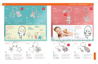 62 LLAVEROS Y HERRAMIENTAS 63 
Twins Teddy 
Llavero niño 
Llavero metálico con figura de 
niño, alambre de trenza flexible, 
y perilla enroscable. 
MOD LM27 
Estrella 
PL 
mat metal 
med 4.5 x 4 cm 
emp 96 pzas. 
2014 2014 
Llavero metálico con figura doble 
de estrella, silueta y placa sólida para 
grabado, arillo metálico reforzado. 
MOD LLM2121 se imprime en: TMP . ES. G L . 
PL 
Home 
Llavero metálico de osito, pieza tipo 
joyería con brazos y pies articulados, 
placa oval para grabado y arillo 
metálico reforzado. 
LLM8252 
Princess 
Llavero de metal con forma 
de corona, con incrusta-ciones 
metálico reforzado. Se 
graba o imprime sólo por 
el frente. 
PL 
Lar 
2014 
Llavero niña 
Llavero metálico con figura de 
niña, alambre de trenza flexible 
y perilla enroscable. 
MOD LM28 
Serra 
PL PL PL 
mat metal 
med 3.1 x 4 cm 
emp 96 pzas. 
Llavero metálico con figura doble 
de casa, silueta y placa sólida para 
grabado, arillo metálico reforzado. 
MOD LLM2119 se imprime en: TMP . S e . G L . 
mat metal 
med 3.5 x 3 cm 
emp 96 pzas. 
mat metal 
med OSO: 4.3 x 2.5 x 3.2 cm 
PLACA: 3.1 x 2 cm 
Llavero metálico con figura doble emp 96 pzas. 
de niña, silueta y placa sólida para 
grabado, arillo metálico reforzado. 
LLM8052 se imprime en: mpt. ES. G L . se imprime en: mpt. ES. G L . se imprime en: TMP . ES. G L . 
MOD 
MOD 
PL 
PL 
PL 
mat metal 
med 2.9 x 3.6 cm 
emp 96 pzas. 
Llavero metálico con figura doble 
de niño, silueta y placa sólida para 
grabado, arillo metálico reforzado. 
MOD LLM5965 
2014 
brillantes, con arillo 
mat metal 
med 3.5 x 4 cm 
emp 96 pzas. 
MOD LLM8336 se imprime en: TMP . ES. G L . 
PL 
mat metal 
med 3.3 x 3.4 cm 
emp 96 pzas. 
Llavero metálico con forma de casa, 
con arillo metálico reforzado. Se 
imprime o graba por el reverso. 
MOD LLM2663 se imprime en: TMP . G L . 
mat metal 
med 3.6 x 2.9 cm 
emp 96 pzas. 
se imprime en: T M P . G L . P D . 
mat metal 
med 3.6 x 2.9 cm 
emp 96 pzas. 
se imprime en: T M P . G L . P D . 
mat metal 
med 5.2 x 2.7 cm 
emp 96 pzas. 
Llavero metálico destapador, con 
arillo metálico reforzado. Se imprime 
o graba por el frente. 
MOD LLM2563 se imprime en: G L . P D . 
Petit 
2014 
2014 
Llaveros en empaque de 96 pzas. Presentación individual caja negra. 
 