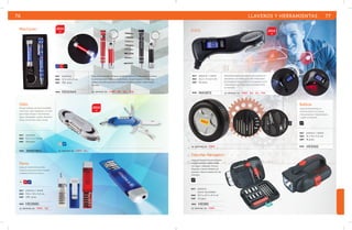 CU 
Manómetro digital para calibrar aire y presión de 
neumáticos, con linterna y luz led. Dispositivos 
de emergencia: Destornillador y navaja para cortar 
cinturones de seguridad. Utiliza una batería AAA. 
(no incluida). 
S.O.S. 
mat plástico / metal 
med 16.2 x 3 x 6.5 cm 
emp 50 pzas. 
MOD MA5872 se imprime en: TMP . ES. G L . P D . 
Juego de desarmador y lámpara portátil de aluminio. El desarmador contiene 
8 puntas de destornilladores de precisión y clip para sujetarse a la camisa. 
lámpara con arillo de llavero, botón de encendido a presión. Utiliza 4 pilas 
incluidas. 
76 2014 
MacGyver 
AZ RJ NG 
mat aluminio 
med 12.5 x 6 x 2 cm 
emp 100 pzas. 
MOD DES2064 se imprime en: TMP . ES. G L . P D . 
Balboa 
Juego de herramientas en 
forma de llanta con 2 pinzas, 
6 desarmadores, 1 destornillador, 
4 dados y 10 puntas. 
NG 
mat plástico / metal 
med 16 x 16 x 5.5 cm 
emp 18 pzas. 
se imprime en: TMP . MOD HE3562 
Odin 
Navaja multiusos de acero inoxidable, 
forma oval, color metalizado, con arillo 
para colgar. Incluye 7 herramientas: 
tijeras, destapador, cuchillo, desatorni-llador, 
sacacorchos, lima y navaja. 
Fénix 
Juego de herramientas portátil. 
Incluye 6 puntas para destornillador 
y lámpara LED de luz blanca. 
BL RJ AZ 
mat plástico / metal 
med 9.8 x 1.8 x 3.2 cm 
emp 200 pzas. 
MOD HE19681 
se imprime en: T M P . SE. 
Estuche Navigator 
Juego de herramientas con lámpara. 
Incluye: Base para destornillador 
con seguro, adaptador, 8 llaves, 
10 puntas, 4 destornilladores de 
precisión. Utiliza 4 baterías AA. (No 
incluidas). 
NG 
mat plástico 
acero inoxidable 
med 19.7 x 12.7 x 9.3 cm 
emp 24 jgos. 
MOD HE080 
se imprime en: T M P . 
LLAVEROS Y HERRAMIENTAS 77 
mat aluminio 
med 9.5 x 3 x 1.6 cm 
emp 120 pzas. 
PL AZ 
MOD NMB7863 se imprime en: TMP . G L . 
2014 
2014 
2014 
 