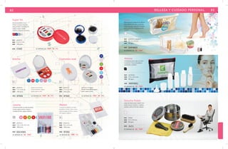 82 BELLEZA Y CUIDADO PERSONAL 83 
Super Kit 
Estuche de plástico 3 en 1: 
Incluye: Costurero con hilos, 
aguja, botones, ensartador de 
agujas y seguro. Cepillo 
retráctil y espejo por el reverso. 
RJ AZ PL BL 
mat plástico 
med 6.6 x 3 cm 
emp 240 pzas. 
MOD CV03 
se imprime en: T M P . SE. F C . 
mat plástico 
med 7.3 x 6.8 cm 
emp 240 pzas. 
Costurero oval 
mat plástico 
med 7.7 x 5.5 cm 
emp 240 pzas. 
BL 
BL 
BL 
Gisel 
Mini Kit para el cuidado de los pies en 
bolsa plástica con cierre. Contenido: 
cepillo para pies, separador de dedos, 
piedra exfoliante y esponja de baño 
corporal. 
CU 
mat plástico / madera 
med 19 x 6 x 12 cm. 
emp 50 jgos. 
MOD EAP4653 
Atenea 
Cosmetiquera para viaje con cierre. 
Contenido: 4 frascos de plástico, 
atomizador y embudo. 
mat poliéster 
med 19.5 x 15.5 cm. 
emp 80 jgos. 
MOD MKP4851 
Estuche Polish 
Juego de limpieza para calzado. Con-tenido: 
calzador, paño y brillo para zapatos. 
CU 
Espejo con costurero. 
Incluye: Botones, seguro, 
agujas, tijeras e hilo. 
Costurero con espejo. 
Incluye: Ensartador de agujas, 
botón, seguro e hilos. 
Dolche 
MOD SF300 se imprime en: TMP . SE. F C . MOD SF303 se imprime en: TMP . SE. F C . 
tr 
mat plástico 
med 7.8 x 5.8 x 0.7 cm 
emp 288 pzas. 
mat plástico 
med 8.5 x 5.2 cm 
emp 240 pzas. 
MOD SDC4365 MOD SF302 
se imprime en: SE. T M P . se imprime en: T M P . F C . 
se imprime en: SE. T M P . 
NG 
se imprime en: SE. T M P . 
Estuche metálico, 2 cepillos, 
mat metal 
med 9.5 x 5.8 cm. 
emp 60 jgos. 
MOD JLC1 
se imprime en: SE. T M P . 
Lorena 
Costurero portátil con tapa deslizable. 
Incluye: aguja, botones, seguros, 
variedad de hilos, agujas y alfileres. 
Melani 
Costurero de plástico con tapa 
deslizable. Incluye: Tijeras, ensar-tador 
de agujas, botones, seguro, 
hilo, agujas y alfileres. 
 