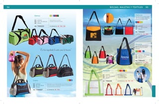 94 BOLSAS, MALETAS Y TEXTILES 95 
Ibérica 
mat poliéster 
med 45.8 x 23 x 20.3 cm 
emp 30 pzas. 
MOD TXM2253 se imprime en: SE. T R A . B R . 
Cupra 
mat poliéster 
med 50 x 30 x 24 cm 
emp 20 pzas. 
VC RJ AZ 
VC RS AZ RJ VR 
Maleta deportiva con tirante 
ajustable y bolsa lateral de malla. 
Maleta deportiva con tirante ajustable, asa con botones de presión, 
bolsa elástica lateral, compartimento exterior con cierre al frente 
y bolsa posterior para guardar tenis. 
MOD TXM4607 se imprime en: SE. T R A . 
Marbella 
mat poliéster 
med 45.5 x 30 x 9.5 cm 
emp 50 pzas. 
VC RJ NR AZ AM 
Bolsa de uso diario con 
interior plastificado y 
compartimento exterior. 
MOD TXB2268 se imprime en: SE. T R A . B R . 
“Es tan importante la meta como la travesía” 
Mallorca 
Bolsa tipo morral con interior plastifi-cado, 
tirante ajustable, compartimen-to 
exterior y portalápices lateral. 
AZ RJ NR VC 
mat poliéster 
med 37 x 33.5 x 7.5 cm 
emp 50 pzas. 
MOD TXM2267 
se imprime en: SE. T R A . 
Alicante 
Bolsa con cierre, bolsas laterales. 
Base y asa hechos con material 
non woven. 
VC NR RJ RS AZ 
mat poliéster / non woven 
med 33 x 41.5 x 11 cm 
emp 100 pzas. 
MOD TXB1402 
se imprime en: SE. T R A . 
 