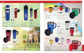 120 
TAZAS, TERMOS Y RECIPIENTES 121 
Luxor 
Murano 
Tarro térmico de plástico translúcido 
con interior de acero inoxidable. 
CAP: 420 ml. 
Bari 
Termo de plástico translúcido 
con interior de acero inoxidable. 
CAP: 420 ml. 
AZ RJ TR 
MOD TEV1816 
Tarro térmico translúcido con interior 
de acero inoxidable. 
CAP: 420 ml. 
MAT acero inoxidable / poliestireno 
MED 11.8 x 8.7 cm 
EMP 24 pzas. 
MAT acero inoxidable / poliestireno 
MED 11.8 x 8.7 cm 
EMP 24 pzas. 
SE IMPRIME EN: TMP. SE. 
SE IMPRIME EN: TMP. SE. 
TT5014 
TTE1679 
NR TR RJ AZ VR 
AM AZ TR RS RJ 
MOD 
MOD 
MAT acero inoxidable 
poliestireno 
MED 9.1 x 12.2 x 15.8 cm 
EMP 24 pzas. 
SE IMPRIME EN: TMP. SE. 
Star Color 
AZ BL RJ AZ GR RJ 
Termo metálico con tapa enroscable 
y seguro para líquidos. 
CAP: 500 ml. 
SE IMPRIME EN: TMP. SE. G L . 
MAT acero inoxidable 
MED 24 x 6.7 cm 
EMP 12 pzas. 
MOD TEC1812 
Palermo 
Cilindro metálico de acero 
inoxidable con boquilla. 
CAP: 750 ml. 
SE IMPRIME EN: TMP. SE. G L . 
MAT acero inoxidable 
plástico 
MED 7 x 23 cm 
EMP 24 pzas. 
MOD TEM1978 
Termo de acero inoxidable con 
interior y mango de plástico. 
CAP: 450 ml. 
SE IMPRIME EN: TMP. SE. G L . 
Portofino 
MAT acero inoxidable / plástico 
MED 18.7 x 8.3 cm 
EMP 24 pzas. 
MOD TEC1834 
RJ AZ 
 