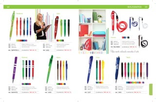 14 BOLÍGRAFOS 15 
Ferreti RJ AZ TR NG 
Bolígrafo de plástico en colores 
translúcidos, con broche y cordón 
para colgar. Mecanismo retráctil. 
mat plástico 
med 13 x 1.2 cm 
emp 1000 pzas. 
MOD BLC4965 se imprime en: TMP. SE. F C . 
Andorra 
VC NR RJ HU AZ LL 
Bolígrafo de plástico en colores 
translúcidos, con goma antideslizante. 
Mecanismo de click. 
Dart 
RJ AM VR NG 
Bolígrafo de plástico translúcido, 
cuerpo y tapa redondos. 
Mecanismo de click. 
mat plástico 
med 14 x 1 cm 
emp 1000 pzas. 
MOD BAP4724-1 se imprime en: TMP. SE. F C . 
Estonia 
LL VR NG AZ RJ 
Bolígrafo plástico de color sólido, 
con doble anillo blanco y clip metálico. 
Mecanismo retráctil. 
mat plástico 
med 13.5 x 1.1 cm 
emp 1000 pzas. 
MOD BAP4753 se imprime en: TMP. SE. F C . 
MOD 
Civic 
AZ VR RJ AM 
Bolígrafo de plástico en colores 
translúcidos. Mecanismo de click. 
mat plástico 
med 14 x 0.8 cm 
emp 1000 pzas. 
Una mente ordenada encuentra el éxito 
1117 se imprime en: TMP. SE. F C . 
MOD 
Keen 
VR HU RJ AM AZ 
Bolígrafo de plástico en colores 
translúcidos. Mecanismo de click. 
mat plástico 
med 14.5 x 1 cm 
emp 1000 pzas. 
1433 se imprime en: TMP. SE. F C . 
Tech 
AZ NG RS VR AM NR AC RJ BL LL 
Bolígrafo de plásticoen colores translúcidos, 
con goma antideslizante y punta cromada. 
Mecanismo de click. 
mat plástico 
med 13 x 1.3 cm 
emp 1000 pzas. 
MOD 1401 se imprime en: TMP. SE. F C . 
mat plástico 
med 14.2 x 1.6 cm 
emp 1000 pzas. 
MOD 1451 se imprime en: TMP. SE. F C . 
 