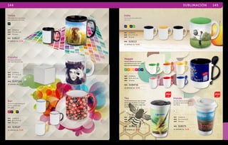 144 
Venus 
Tarro negro con cuadro blanco 
para sublimación. CAP: 11 OZ 
NG 
MAT cerámica 
MED 9.5 x 8.2 cm 
EMP 36 pzas. 
MOD SUB117 
SE IMPRIME EN: S U B . 
Colorful 
Tarro para sublimación. 
CAP. 11 OZ. INCLUYE CAJA. 
BL 
MAT cerámica 
MED 9.7 x 8.3 cm 
EMP 36 pzas. 
MOD SUB7102 
SE IMPRIME EN: S U B . 
Íker 
Tarro blanco para sublimación 
con filo y asa de color. 
CAP: 11 OZ. 
RJ CO AM NG 
MAT cerámica 
MED 8.2 x 9.6 cm 
EMP 36 pzas. 
MOD SUB107 
SE IMPRIME EN: S U B . 
Indra 
Tarro bicolor para sublimación. 
CAP: 11 OZ. 
CO AM NG VC 
MAT cerámica 
MED 8.2 x 9.5 cm 
EMP 36 pzas. 
MOD SUB113 
SE IMPRIME EN: S U B . 
Maggie 
Taza de cerámica con cuchara, 
asa e interior en color. CAP. 12 OZ. 
INCLUYE CAJA INDIVIDUAL. 
VR NR AM RS RJ AZ NG 
MAT cerámica 
MED 10.4 x 8.3 cm 
EMP 36 pzas. 
MOD SUB4716 
SE IMPRIME EN: S U B . 
SUBLIMACIÓN 145 
2014 2014 
BL BL 
MAT cerámica 
MED 9.5 x 14.3 cm 
EMP 24 pzas. 
MOD SUB175 
Teo 
Taza de cerámica para viaje con doble 
pared y tapa de plástico con seguro 
para líquidos deslizable, la tapa sella 
a presión. CAP: 12 OZ. 
MAT cerámica / plástico 
MED 14.5 x 9 cm 
EMP 24 pzas. 
MOD SUB173 
SE IMPRIME EN: S U B . 
Irlanda 
Vaso de cerámica de doble capa, 
con tapa de silicón flexible. 
CAP: 10 OZ. 
SE IMPRIME EN: S U B . 
 