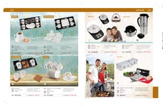 152 HOGAR 153 
Malibú Set Xpresso 
BL 
Set de 4 tazas con platos 
y cucharitas de cerámica para 
expresso. INCLUYE CAJA. 
mat porcelana 
med 5.4 x 8.3 cm 
CAJA: 33 x 18 x 7 cm 
emp 8 jgos. 
SCO4031 SCE1243 
se imprime en: TMP. SE. VTR. se imprime en: TMP. 
MOD MOD 
BL BL 
Set para café o té con porta tazas 
de bambú para 2 personas. 
Contenido: 6 pzas. INCLUYE CAJA. 
Set de café o té para 4 
personas. Contenido: 12 pzas. 
INCLUYE CAJA. 
mat porcelana 
med 11 x 10.3 x 8 cm 
emp 10 jgos. 
mat porcelana 
med 6.3 x 3.5 cm 
CAJA: 31.5 x 17 x 6 cm 
emp 5 jgos 
MOD 
se imprime en: TMP. SE. 
SBC1242 
PL 
Bolmar Vermont 
Báscula digital de cocina con 
recipiente. Usa 2 baterías AAA. 
(no incluidas). 
Jarra térmica de acero inoxidable con 
cápsula de vidrio, permite mantener 
calientes los líquidos hasta 24 hrs. 
CAP: 750 ml. 
mat plástico 
med 20.8 x 18 x 3 cm 
emp 20 pzas. 
mat acero inoxidable 
med 28 x 11 cm 
emp 6 pzas. 
MOD BCR2283 se imprime en: TMP. SE. MOD JTE1794 se imprime en: TMP. SE. Gl. 
Set de expresso con 6 tazas 
y platos. Incluye porta tazas 
de acero inoxidable. 
mat porcelana / acero inoxidable 
madera 
med 23 x 13 x 18 cm 
emp 6 jgos. 
MOD SCX4032 se imprime en: TMP. VTR. 
Crome 
Pl 
mat aluminio / acero inoxidable 
plástico 
med 61 x 43 cm 
emp 10 jgos. 
Juego de BBQ. de acero inoxidable 
y estuche de aluminio. Incluye: 
Tenedor, volteador, pinzas y brocha. 
MOD BBQ017 se imprime en: TMP. GL. 
CU 
BL 
Set Bambú Yaris 
 