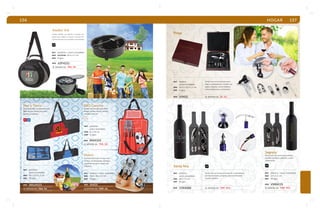 156 
Mar y Tierra 
Estuche portátil con utensilios para 
BBQ. Incluye: pinzas para carne, 
tenedor y volteador. 
RJ AZ 
mat poliéster 
acero inoxidable 
med 40 x 13.5 x 3 cm 
emp 20 jgos. 
MOD 
BBQ4523 
se imprime en: TRA. SE. 
Asador Vid 
Asador portátil con parrilla y mango reci-piente 
NG 
para carbón y soporte. Incluye estu-che 
térmico que sirve también como hielera. 
mat poliéster / acero inoxidable 
med estuche: 25.5 x 17 cm 
emp 8 jgos. 
MOD 
ASP4251 
se imprime en: TRA. SE. 
BBQ Cancha 
Mandil con utensilios para BBQ. 
Incluye: guante, mandil, tenedor, 
volteador y pinzas. 
UN 
mat poliéster 
acero inoxidable 
med 61 x 43 cm 
emp 12 jgos. 
MAN102 
MOD 
se imprime en: TRA. SE. 
Praga 
Set de vino con sacacorchos auto-mático, 
cortaetiquetas, servidor con 
tapón y boquilla, corcho metálico, 
anillo antiderrames y termómetro. 
MOD 
Santa Rita NG NG 
Set de vino con sacacorchos manual, cortaetiquetas, 
servidor con tapón y boquilla, anillo antiderrames 
y corcho metálico. 
mat madera 
acero inoxidable 
med 26.4 x 23.4 x 7 cm 
emp 6 jgos. 
mat plástico 
acero inoxidable 
med 32 x 7.2 cm 
emp 12 jgos. 
MOD 
se imprime en: SE. GL. 
se imprime en: TMP. RVL. se imprime en: TMP. RVL. 
VIN02 
VIN4086 
Sagreto 
Set de vino con sacacorchos manual, 
servidor con tapón y boquilla, y anillo 
antiderrames. 
mat plástico / acero inoxidable 
med 24 x 6.2 cm 
emp 30 jgos. 
MOD VNB4115 
Duero 
Accesorio multiusos. Incluye: saca-corchos 
con destapador, abrelatas, 
exprimidor de ajos y cortador de 
etiquetas. 
mat madera / acero inoxidable 
med 19.5 x 10 x 9.7 cm 
emp 12 jgos. 
MOD 
AM05 
se imprime en: TMP. GL. 
UN 
HOGAR 157 
 