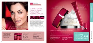  
 
CREME DE DIA 
ANTIENVELHECIMENTO 
COMBATA OS 6 PROBLEMAS DA PELE MUITO MADURA2): 
• Redução da espessura da derme 
• Rugas profundas 
• Pele baça 
TIME REVERSING 
INTENSE 
55+ 
Cuidado intensivo para a pele pós-menopausa 
CUIDADO RICO 
E REVITALIZANTE 
PARA A PELE 
PÓS-MENOPAUSA 
Um nutriente antienvelhecimento 
superefi caz, derivado da Soja e purifi cado 
em 10 passos, que atua a nível genético. 
Selecionado após quase uma década de 
pesquisa intensiva e colocado em 
partículas para chegar às camadas mais 
profundas da pele. Está comprovado que 
responde a todas as necessidades da pele 
madura. 
IRRADIE UMA BELEZA JOVEM 
DURANTE MAIS TEMPO 
A PELE FICA MAIS AÇÃO EFICAZ CONTRA 
• Contornos do rosto irregulares 
PREENCHIDA 1) 
AS RUGAS 
Creme de Noite Time 
Reversing Intense 
SkinGenistII™ 50 ml. 
24188 €39,00 €26,95 
82% 
1)Testado em 86 mulheres com mais 
de 55 anos, durante 4 semanas 
• Tez irregular 
• Pele fl ácida 
2) Testado num painel de 108 mulheres com mais de 55 anos, durante 6 semanas a utilizar 
o Creme de Dia + Creme de Noite. 
 Creme de Olhos Time Reversing 
Intense SkinGenistII™ 15 ml. 
24667 €26,00 
CREME DE OLHOS 
Suaviza efi cazmente 
e refresca a pele, 
recuperando o tom claro 
do contorno dos olhos. 
Com um prático aplicador. 
 Creme de Dia com SPF 15 Time 
Reversing Intense SkinGenistII™ 
50 ml. 
24185 €39,00 
A pele fi ca mais suave e 
com mais elasticidade 
A pele fi ca mais densa 
Atenua a aparência das 
linhas fi nas e rugas 
● 
● 
● 
www.orifl ame.pt CUIDADOS DO ROSTO 
PREÇO IMBATÍVEL NO CONJUNTO! 
Creme de Dia E AINDA 
Creme de Olhos 
POR APENAS €29,95 
+ DE 50% DESCONTO 
Através do Código de Conjunto 476512 
120 121 
 
