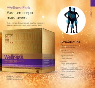 101
WELLNESS
WellnessPack.
Para um corpo
mais jovem.
Toda a nutrição de que necessita para ﬁcar mais jovem
durante mais tempo – numa prática saqueta diária.
FUNÇÕESVITAIS
PELE
• Mais hidratação e elasticidade
• Menos danos UV e rugas
VITALIDADE
• Menos cansaço e fadiga
SISTEMA IMUNITÁRIO
• Mais defesas
• Menos inﬂamações
CORAÇÃO
• Melhor saúde cardiovascular
e níveis de colesterol
MÚSCULOS E ARTICULAÇÕES
• Mais resistência e melhor desempenho
• Menos inﬂamações e dor
VISÃO
• Mais proteção UV
• Olhos menos cansados
ባ 28708 WellnessPack woman
ቢ 28709 WellnessPack man
ባ
 