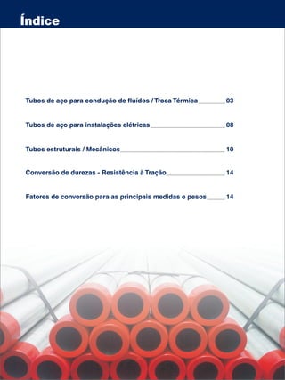 Índice




Tubos de aço para condução de fluídos / Troca Térmica     03


Tubos de aço para instalações elétricas                   08


Tubos estruturais / Mecânicos                             10


Conversão de durezas - Resistência à Tração               14


Fatores de conversão para as principais medidas e pesos   14
 