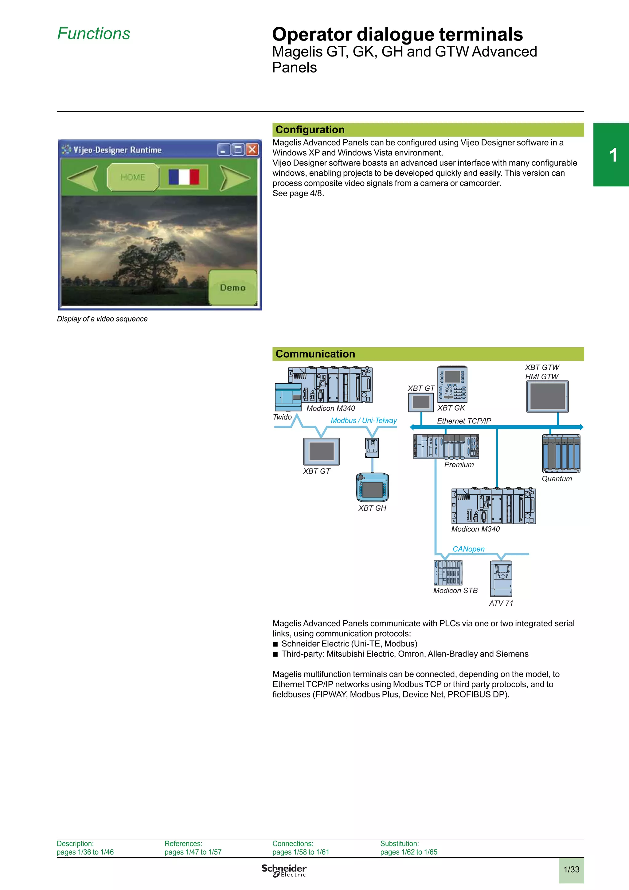 1/33
111
Functions Operator dialogue terminals
Magelis GT, GK, GH and GTW Advanced
Panels
Conﬁguration
Magelis Advanced Panels can be conﬁgured using Vijeo Designer software in a
Windows XP and Windows Vista environment.
Vijeo Designer software boasts an advanced user interface with many conﬁgurable
windows, enabling projects to be developed quickly and easily. This version can
process composite video signals from a camera or camcorder.
See page 4/8.
Display of a video sequence
Communication
Magelis Advanced Panels communicate with PLCs via one or two integrated serial
links, using communication protocols:
b
Schneider Electric (Uni-TE, Modbus)
b
Third-party: Mitsubishi Electric, Omron, Allen-Bradley and Siemens
Magelis multifunction terminals can be connected, depending on the model, to
Ethernet TCP/IP networks using Modbus TCP or third party protocols, and to
ﬁeldbuses (FIPWAY, Modbus Plus, Device Net, PROFIBUS DP).
Ethernet TCP/IP
CANopen
Premium
Quantum
Modicon M340
Modicon STB
XBT GT
XBT GK
HMI GTW
ATV 71
Modicon M340
Modbus / Uni-TelwayTwido
XBT GT
XBT GH
XBT GTW
Description:
pages 1/36 to 1/46
References:
pages 1/47 to 1/57
Connections:
pages 1/58 to 1/61
Substitution:
pages 1/62 to 1/65
2
3
4
5
6
7
8
9
10
2
3
4
5
6
7
8
9
10
 