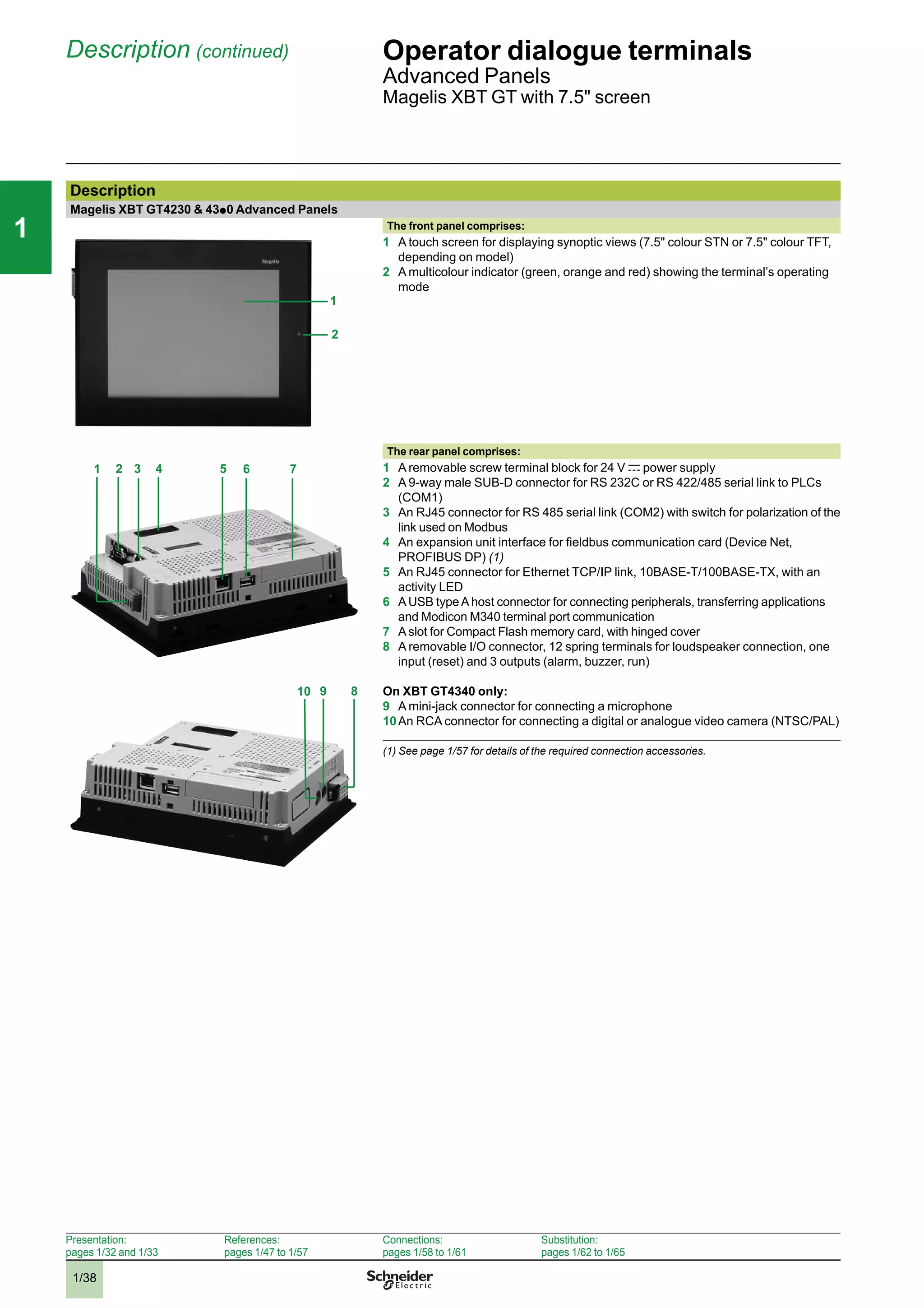 1/38
111
Description (continued) Operator dialogue terminals
Advanced Panels
Magelis XBT GT with 7.5" screen
Description
Magelis XBT GT4230 & 43p 0 Advanced Panels
The front panel comprises:
1 A touch screen for displaying synoptic views (7.5" colour STN or 7.5" colour TFT,
depending on model)
2 A multicolour indicator (green, orange and red) showing the terminal’s operating
mode
The rear panel comprises:
1 A removable screw terminal block for 24 V c power supply
2 A 9-way male SUB-D connector for RS 232C or RS 422/485 serial link to PLCs
(COM1)
3 An RJ45 connector for RS 485 serial link (COM2) with switch for polarization of the
link used on Modbus
4 An expansion unit interface for ﬁeldbus communication card (Device Net,
PROFIBUS DP) (1)
5 An RJ45 connector for Ethernet TCP/IP link, 10BASE-T/100BASE-TX, with an
activity LED
6 AUSB typeAhost connector for connecting peripherals, transferring applications
and Modicon M340 terminal port communication
7 Aslot for Compact Flash memory card, with hinged cover
8 A removable I/O connector, 12 spring terminals for loudspeaker connection, one
input (reset) and 3 outputs (alarm, buzzer, run)
On XBT GT4340 only:
9 A mini-jack connector for connecting a microphone
10An RCA connector for connecting a digital or analogue video camera (NTSC/PAL)
(1) See page 1/57 for details of the required connection accessories.
1 2 3 4 5
10 9 8
76
1
2
Presentation:
pages 1/32 and 1/33
References:
pages 1/47 to 1/57
Connections:
pages 1/58 to 1/61
Substitution:
pages 1/62 to 1/65
2
3
4
5
6
7
8
9
10
2
3
4
5
6
7
8
9
10
 