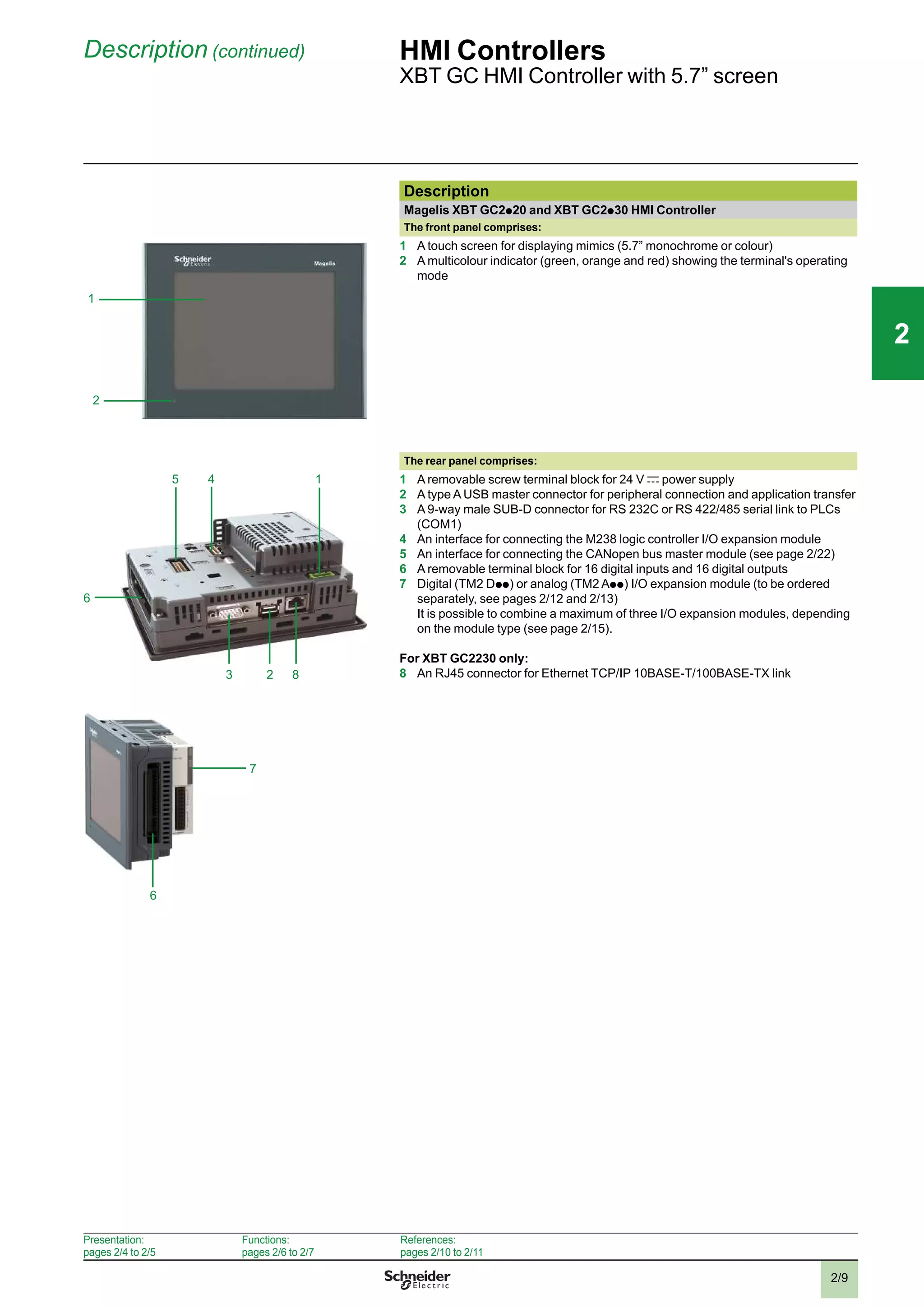2/9
22
Description (continued) HMI Controllers
XBT GC HMI Controller with 5.7” screen
Description
Magelis XBT GC2p 20 and XBT GC2p 30 HMI Controller
The front panel comprises:
2
1
1 A touch screen for displaying mimics (5.7” monochrome or colour)
2 A multicolour indicator (green, orange and red) showing the terminal's operating
mode
The rear panel comprises:
3
45
2
1
6
8
1 A removable screw terminal block for 24 V c power supply
2 A type A USB master connector for peripheral connection and application transfer
3 A 9-way male SUB-D connector for RS 232C or RS 422/485 serial link to PLCs
(COM1)
4 An interface for connecting the M238 logic controller I/O expansion module
5 An interface for connecting the CANopen bus master module (see page 2/22)
6 A removable terminal block for 16 digital inputs and 16 digital outputs
7 Digital (TM2 Dp p
) or analog (TM2 Ap p
) I/O expansion module (to be ordered
separately, see pages 2/12 and 2/13)
It is possible to combine a maximum of three I/O expansion modules, depending
on the module type (see page 2/15).
For XBT GC2230 only:
8 An RJ45 connector for Ethernet TCP/IP 10BASE-T/100BASE-TX link
6
7
Presentation:
pages 2/4 to 2/5
Functions:
pages 2/6 to 2/7
References:
pages 2/10 to 2/11
1
3
4
5
6
7
8
9
10
1
3
4
5
6
7
8
9
10
 