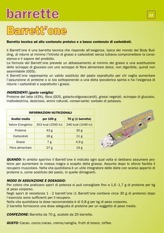 barrette                                                                                        11




Barrett’one
Barretta tecnica ad alto contenuto proteico e a basso contenuto di carboidrati.

Il Barrett’one è una barretta tecnica che risponde all’esigenza, tipica del mondo del Body Buil-
ding, di ridurre al minimo l’ìntroito di grassi e carboidrati senza tuttavia compromettere la consi-
stenza e il sapore del prodotto.
La formula del Barrett’one prevede un abbassamento al minimo dei grassi e una sostituzione
dello sciroppo di glucosio con uno sciroppo di fibra alimentare dolce, non digeribile, quindi non
assimilabile (GOS).
Il Barrett’one rappresenta un valido sostituto del pasto soprattutto per chi voglia aumentare
l’assunzione di proteine o si sta sottoponendo a una dieta ipocalorica spinta e ha l’esigenza di
ridurre i carboidrati e soprattutto i grassi.

INGREDIENTI (gusto vaniglia)
Proteine del latte (43%), fibra (GOS, galacto-oligosaccaridi), grassi vegetali, sciroppo di glucosio,
maltodestrina, destrosio, aromi naturali, conservante: sorbato di potassio.


                  INFORMAZIONI NUTRIZIONALI
   Analisi media          per 100 g        70 g (1 barretta)
 Valore Energetico    353 kcal (1500 kJ)   246 kcal (1046 kJ)
     Proteine               43 g                 30 g
    Carboidrati             16 g                 11 g
      Grassi                 7g                  4,9 g
 Fibra alimentare           27 g                 19 g


QUANDO: In ambito sportivo il Barrett’one è indicato ogni qual volta si debbano assumere pro-
teine per aumentare la massa magra a scapito della grassa. Assunto dopo lo sforzo facilita il
recupero muscolare. Nella vita quotidiana è un utile integratore delle diete con scarso apporto di
proteine o, come sostituto del pasto, in quelle dimagranti.

MODO DI ASSUNZIONE E DOSAGGIO:
Per coloro che praticano sport di potenza si può consigliare fino a 1,6 -1,7 g di proteine per kg
di peso corporeo.
Negli sport di resistenza 1 - 2 barrett’one (1 Barrett’one contiene circa 30 g di proteine) dopo
l’esercizio sono sufficienti per il recupero.
Nella vita quotidiana la dose raccomandata è di 0,8 g per kg di peso corporeo.
2 barrette forniscono una dose adeguata di proteine per un soggetto di peso medio.

CONFEZIONE: Barretta da 70 g, scatole da 20 barrette.

GUSTO: Cacao, cocco/cacao, crema/vaniglia, frutti di bosco, toffee.
 