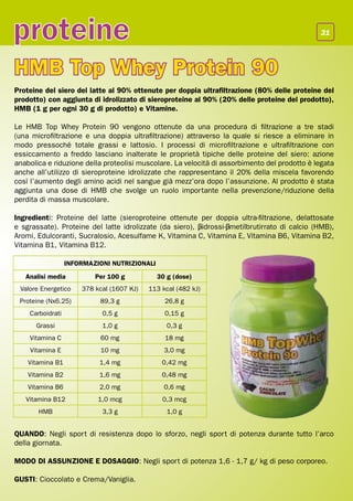 proteine                                                                                        31




HMB Top Whey Protein 90
Proteine del siero del latte al 90% ottenute per doppia ultrafiltrazione (80% delle proteine del
prodotto) con aggiunta di idrolizzato di sieroproteine al 90% (20% delle proteine del prodotto),
HMB (1 g per ogni 30 g di prodotto) e Vitamine.

Le HMB Top Whey Protein 90 vengono ottenute da una procedura di filtrazione a tre stadi
(una microfiltrazione e una doppia ultrafiltrazione) attraverso la quale si riesce a eliminare in
modo pressoché totale grassi e lattosio. I processi di microfiltrazione e ultrafiltrazione con
essiccamento a freddo lasciano inalterate le proprietà tipiche delle proteine del siero: azione
anabolica e riduzione della proteolisi muscolare. La velocità di assorbimento del prodotto è legata
anche all’utilizzo di sieroproteine idrolizzate che rappresentano il 20% della miscela favorendo
così l’aumento degli amino acidi nel sangue già mezz’ora dopo l’assunzione. Al prodotto è stata
aggiunta una dose di HMB che svolge un ruolo importante nella prevenzione/riduzione della
perdita di massa muscolare.

Ingredienti: Proteine del latte (sieroproteine ottenute per doppia ultra-filtrazione, delattosate
e sgrassate). Proteine del latte idrolizzate (da siero), β-idrossi-β-metilbrutirrato di calcio (HMB),
Aromi, Edulcoranti, Sucralosio, Acesulfame K, Vitamina C, Vitamina E, Vitamina B6, Vitamina B2,
Vitamina B1, Vitamina B12.

                  INFORMAZIONI NUTRIZIONALI
   Analisi media          Per 100 g           30 g (dose)
 Valore Energetico    378 kcal (1607 KJ)   113 kcal (482 kJ)
 Proteine (Nx6.25)         89,3 g               26,8 g
    Carboidrati             0,5 g               0,15 g
      Grassi                1,0 g                0,3 g
    Vitamina C              60 mg               18 mg
    Vitamina E              10 mg               3,0 mg
    Vitamina B1            1,4 mg              0,42 mg
    Vitamina B2            1,6 mg              0,48 mg
    Vitamina B6            2,0 mg               0,6 mg
   Vitamina B12            1,0 mcg             0,3 mcg
       HMB                  3,3 g                1,0 g


QUANDO: Negli sport di resistenza dopo lo sforzo, negli sport di potenza durante tutto l’arco
della giornata.

MODO DI ASSUNZIONE E DOSAGGIO: Negli sport di potenza 1,6 - 1,7 g/ kg di peso corporeo.

GUSTI: Cioccolato e Crema/Vaniglia.
 