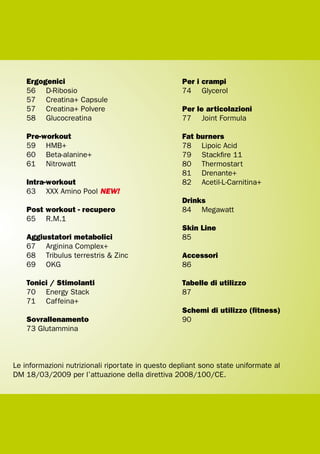 indice              5




    Ergogenici                                     Per i crampi
    56 D-Ribosio                                   74 Glycerol
    57 Creatina+ Capsule
    57 Creatina+ Polvere                           Per le articolazioni
    58 Glucocreatina                               77 Joint Formula

    Pre-workout                                    Fat burners
    59 HMB+                                        78 Lipoic Acid
    60 Beta-alanine+                               79 Stackfire 11
    61 Nitrowatt                                   80 Thermostart
                                                   81 Drenante+
    Intra-workout                                  82 Acetil-L-Carnitina+
    63 XXX Amino Pool NEW!
                                                   Drinks
    Post workout - recupero                        84 Megawatt
    65 R.M.1
                                                   Skin Line
    Aggiustatori metabolici                        85
    67 Arginina Complex+
    68 Tribulus terrestris & Zinc                  Accessori
    69 OKG                                         86

    Tonici / Stimolanti                            Tabelle di utilizzo
    70 Energy Stack                                87
    71 Caffeina+
                                                   Schemi di utilizzo (fitness)
    Sovrallenamento                                90
    73 Glutammina



Le informazioni nutrizionali riportate in questo depliant sono state uniformate al
DM 18/03/2009 per l’attuazione della direttiva 2008/100/CE.
 
