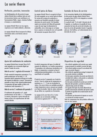 La serie therm
     Perfección, precisión, innovación                        Control óptico de llama                                         Contador de horas de servicio
     Las hidrolimpiadoras de alta presión de agua             Los equipos Kränzle Therm (a excepción de therm                 En los termostatos digitales de las hidrolimpiadoras
     caliente Kränzle-therm combinan toda una serie           CA) están equipados con un control óptico de llama.             de alta presión de agua caliente Kränzle Therm
     de innovaciones técnicas, que contribuyen a un           Por encima de la cámara de combustión se                        (excepción therm CA/C) se ha integrado un contador
     funcionamiento fiable y seguro. Asimismo facilitan       encuentra una fotocélula conectada al sistema                   de horas de servicio.
     el manejo y su mantenimiento.                            electrónico de control central. Si la fotocélula                Si se pulsa la tecla °C o la tecla % durante más de
                                                              registra una extinción de la llama del quemador                 2 segundos, se visualizan en la pantalla de forma
     Los equipos Kränzle Therm son muy seguros,               a pesar de tener lugar la alimentación de                       consecutiva las horas de servicio de la bomba y las
     respetuosos con el medio ambiente y silenciosos.         combustible, esta se interrumpe en un tiempo                    horas de servicio del quemador durante 5 segundos
                                                              breve y aparece un mensaje de error en la pantalla              cada uno. Esto facilita p. ej. la determinación de los
     Los equipos Kränzle Therm incorporan las últimas         del termostato (excepción therm CA/C).                          intervalos de servicio.
     innovaciones tanto a nivel técnico como en
     seguridad.




           therm CA                       therm C                    therm E-M                          therm grande                   therm E-ST                 therm ST


     Ajuste del rendimiento de combusión                                                                                      Dispositivos de seguridad
     Los equipos Kränzle-therm (excepto Therm CA/C)           Se mide la temperatura del agua a la salida del                 - Una válvula reguladora de la presión que regula
     están equipados con un termostato digital que            serpentín de calefacción y se visualiza expresada en              progresivamente la cantidad y presión del agua.
     permite 2 modos de servicio.                             °C ajustándose a las indicaciones introducidas en el              Esta válvula también acciona la recirculación del
                                                              display. La temperatura se ajustará en base al                    agua sin presión (bypass).
     Modo de servicio 1: regulación del termostato °C         rendimiento(presión)demandado y a los valores                   - Una válvula de seguridad que protege la máquina de
     El valor nominal de temperatura expresado en °C se       especificados en la pantalla.                                     una presión máxima no admitida.
     puede preseleccionar con las teclas (+ -). El                                                                            - Un interruptor automático de presión que detecta la
     termostato mide la temperatura del agua en la salida                                                                       actividad de la caldera y sólo permite su combustión
                                                              El modo de servicio 2 comparado con el modo de                    cuando la bomba genera presión.
     del serpentín de calefacción y conecta / desconecta el
                                                              servicio 1 tiene la ventaja que las temperaturas se             - Un interruptor automático de presión que controla la
     quemador en base al valor nominal predeterminado.
                                                              mantienen en +/- 1 °C una vez introducidos los                    liberación del quemador y permite la combustión
     La temperatura del agua medida se indica en la
                                                              valores. Esto ocurre incluso con cantidades parciales y           solamente bajo presión de trabajo.
     visualización (real) expresada en °C.
                                                              a bajas temperaturas como es necesario por ejemplo              - Un segundo interruptor de presión diferencial que
     Modo de servicio 2: rendimiento del quemador %           en el baño de animales. Todos los valores selecciona-             permite la desconexión automática del aparato cuando
                                                              dos por última vez se guardan en el termostato.                   la pistola de seguridad está cerrada durante más de
     El rendimiento del quemador en % puede
                                                                                                                                30 segundos.
     preseleccionarse con las teclas (+ -). El quemador       Los equipos de la serie therm CA y C están                      - Un disyuntor que desconecta el aparato en caso de
     se conecta y desconecta a ciertos intervalos de          equipados con un termostato analógico                             un consumo de corriente excesivo.
     tiempo en base a las especificaciones del valor          (intervalo de regulación 30 °C – 140 °C).                       Todos los componentes han sido probados millones de
     nominal indicado.
                                                                                                                              veces en otros equipos.

                                                                          Fluctuación de temperatura en hidrolimpiadoras
                                                                          convencionales de alta presión con agua caliente:
                                                                                          aprox. +/- 10 °C




                                                                          Fluctuación de temperatura en Kränzle-therm con
                                                                          rendimiento ajustable del quemador: +/- 1 °C




18
 