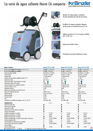 La serie de agua caliente therm CA compacta

                                                                                                                            Bastidor con ruedas grandes y neumáticos
                                                                                                                            de goma apropiado para todo tipo de terrenos.



                                                                                                                            Enrollador de manguera integrado. Manguera
                                                                                                                            de alta presión con armadura de acero (15 m).




                                                                                                                            Cable de conexión de 7,5 m con soporte enrollador.
                                                                                                                            (CA 11/130: 5 m)




                                                                                                                            Soporte para pistola y lanzas.




                                                                                                                            Parachoques de protección delantera y trasera.




Datos técnicos                                                                              therm CA 11/130              therm CA 12/150                 therm CA 15/120
N° art. con enrollador de manguera P.V.P. con IVA                                           41.460 1 3.635,00 €          41.461 1 3.875,00 €             41.462 1 3.875,00 €
N° art. sin enrollador de manguera                                                          41.460 3.450,00 €            41.461 3.690,00 €               41.462 3.690,00 €
Presión de trabajo regulable                                                                30-130 bares / 3-13 MPa      30-150 bares / 3-15 MPa         30-120 bares / 3-12 MPa
Presión máxima                                                                              145 bares / 14,5 MPa         170 bares / 17 MPa              135 bares / 13,5 MPa
Caudal de agua                                                                              11 l/min (660 l/h)           12 l/min (720 l/h)              15 l/min (900 l/h)
Suministro de agua caliente regulable (entrada 12 °C)                                       12 - 80 °C                   12 - 80 °C                      12 - 80 °C
Generación de vapor                                                                         máx. 140 °C                  máx. 140 °C                     máx. 140 °C
Tamaño de las toberas, Turbo-eliminador de suciedad                                         045                          045                             07
Tamaño de las toberas, chorro plano                                                         25045                        25045                           2507
Consumo de gasoil a máx. rendimiento calorífico                                             5,1 kg/h (6,1 l/h)           5,4 kg/h (6,4 l/h)              6,0 kg/h (7,1 l/h)
Consumo de gasoil a ∆T 45 °                                                                 3,2 kg/h (3,8 l/h)           3,5 kg/h (4,1 l/h)              4,3 kg/h (5,1 l/h)
Rendimiento calorífico                                                                      55 kW                        58 kW                           65 kW
Deposito para combustible con control de reserva                                            25 l                         25 l                            25 l
Número de revoluciones del motor                                                            1.400 m-1/min                1.400 m-1/min                   1.400 m-1/min
Conexión eléctrica                                                                          230 V, 15,0 A, 50 Hz         400 V, 7,2 A, 50 Hz             400 V, 7,2 A, 50 Hz
Potencia absorbida                                                                          3,4 kW                       3,8 kW                          3,8 kW
Potencia nominal                                                                            2,3 kW                       3,0 kW                          3,0 kW
Peso                                                                                        171 kg                       171 kg                          181 kg
Dimensiones sin enrollador de manguera en mm (L x A x H)                                    790 x 590 x 980              790 x 590 x 980                 790 x 590 x 980

Equipamiento                                                                                           N° art.                      N° art.                         N° art.
Sistema de parada total
Desconexión de seguridad
Supervisión de caudal
Ventilación previa de la cámara de combustión
Aspiración de detergente
Enrollador de manguera, 15 m DN 8                                                                      44.152 1                     44.152 1                        44.152 1
Manguera de alta presión, 15 m DN 8                                                                    44.879                       44.879                          44.879
Manguera de alta presión, 10 m DN 8                                                                    44.878                       44.878                          44.878
Pistola de seguridad 'Midi', con lanza de chorro plano, de una pieza                                   12.164 1-D25045              12.164 1-D25045                 12.164 1-D2507
Pistola de seguridad 'Midi'                                                                            12.160                       12.160                          12.160
Turbo-eliminador de suciedad de acero inoxidable                                                       41.072 3                     41.072 3                        41.072 7
Lanza de chorro plano de acero inoxidable                                                              12.392 2-D25045              12.392 2-D25045                 12.392 2-D2507
Freno de bloqueo
Filtro de entrada de agua                                                                               13.310                      13.310                          13.310
     Equipamiento de serie          Opción           Código color que indica el tamaño de la tobera                                                                                19
 