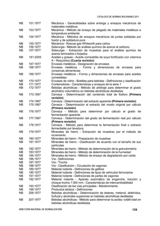 CATALOGO DE NORMAS BOLIVIANAS 2011

NB     151:1977           Mecánica - Generalidades sobre entrega y ensayos mecánicos de
                          materiales metálicos
NB     153:1977           Mecánica - Método de ensayo de plegado de materiales metálicos a
                          temperatura ambiente
NB     154:1977           Mecánica - Métodos de ensayos mecánicos de juntas soldadas por
                          fusión y de soldadura pura
NB     155:1977           Mecánica - Roscas gas Whitworth para caños
NB     156:1977           Siderurgia - Método de análisis químico de aceros al carbono
NB     157:1977           Siderurgia - Extracción de muestras para el análisis químico de
                          aceros laminados o forjados
NB      161:2005          Aceites y grasas - Aceite comestible de soya fortificado con vitamina
                          A - Requisitos (Cuarta revisión)
NB     167:1977           Envases metálicos - Designación de envases
NB     168:1977           Envases metálicos - Forma y dimensiones de envases para
                          conservas alimenticias
NB     169:1977           Envases metálicos - Forma y dimensiones de envases para aceites
                          comestibles
NB     170:1977           Envases de vidrio - Botellas para bebidas - Definiciones y clasificación
NB     171:1977           Contenedores - Características y ensayos de la serie 1
NB     172:1977           Bebidas alcohólicas - Método de arbitraje para determinar el grado
                          alcohólico volumétrico en bebidas alcohólicas destiladas
NB     173:1997           Cerveza - Determinación del contenido total de fósforo (Primera
                          revisión)
NB     174:1997           Cerveza - Determinación del extracto aparente (Primera revisión)
NB     175:1997           Cerveza - Determinación el extracto del mosto original por cálculo
                          (Primera revisión)
NB     176:1977           Cerveza - Método para determinar por cálculo el grado de
                          fermentación aparente
NB     177:1997           Cerveza - Determinación del grado de fermentación real por cálculo
                          (Primera revisión)
NB     178:1977           Cerveza - Método para determinar la fermentación final o extracto
                          fermentable por levadura
NB     179:1977           Minerales de hierro - Extracción de muestras por el método de
                          incremento
NB     180:1977           Minerales de hierro - Preparación de muestras
NB     181:1977           Minerales de hierro - Clasificación de acuerdo con el tamaño de sus
                          partículas
NB     182:1977           Minerales de hierro - Método de determinación de la granulometría
NB     183:1977           Minerales de hierro - Método de determinación de la humedad
NB     184:1977           Minerales de hierro - Método de ensayo de degradación por caída
NB     186:1977           Vía - Definiciones
NB     187:1977           Vía - Trocha
NB     188:1977           Vía - Clasificación - Circulación de vagones
NB     189:1977           Material rodante - Definiciones de gálibos
NB     190:1977           Material rodante - Definiciones de tipos de vehículos ferroviarios
NB     191:1977           Material rodante - Definiciones de partes de vagones
NB     192:1977           Material rodante - Aparato automático de enganche, tracción y
                          choque trocha 1 000 mm - Características de intercambiabilidad
NB     193:1977           Clasificación de las vías principales - Mantenimiento
NB     198:1977           Productos lácteos - Definiciones
NB     206:1977           Bebidas alcohólicas - Determinación de ésteres, metanol, aldehídos,
                          furfural y alcoholes superiores en bebidas alcohólicas destiladas
NB     207:1977           Bebidas alcohólicas - Método para determinar la acidez volátil total en
                          bebidas alcohólicas destiladas

DIRECCIÓN NACIONAL DE NORMALIZACIÓN                                                       139
 