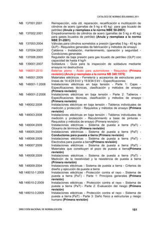 CATALOGO DE NORMAS BOLIVIANAS 2011

NB 137001:2001            Reinspección, vida útil, reparación, recalificación e inutilización de
                          cilindros de acero (garrafas de 5 kg a 45 kg) para gas licuado de
                          petróleo (Anula y reemplaza a la norma NBE 50-2001)
NB 137002:2001            Empadronamiento de cilindros de acero (garrafas de 5 kg a 45 kg)
                          para gases licuados de petróleo (Anula y reemplaza a la norma
                          NBE 51-2001)
NB 137003:2004            Válvulas para cilindros sometidos a presión (garrafas 5 kg - 45 kg de
                          GLP) - Requisitos generales de fabricación y métodos de ensayo
NB 137004:2007            Calderos - Instalación, mantenimiento, operación y seguridad -
                          Condiciones generales
NB 137006:2005            Regulador de baja presión para gas licuado de petróleo (GLP) con
                          capacidad de hasta 4 kg/h
NB 139001:2007            Soldadura - Guía para la inspección de soldadura mediante
                          ensayos no destructivos
NB 144001:2010            Baterías plomo - Ácido para automotores - Requisitos (Primera
                          revisión) (Anula y reemplaza a la norma NB 348:1979)
NB 146001:2009            Materiales eléctricos - Ferretería y accesorios de estructuras para
                          líneas de 14.4/24.9 kV y 19.9/34.5 kV – Especificaciones
NB 148001-1:2008          Instalaciones eléctricas en baja tensión - Parte 1: Cajas -
                          Especificaciones técnicas, clasificación y métodos de ensayo
                          (Primera revisión)
NB 148001-2:2008          Instalaciones eléctricas en baja tensión - Parte 2: Tableros -
                          Especificaciones técnicas, clasificación y métodos de ensayo
                          (Primera revisión)
NB 148002:2008            Instalaciones eléctricas en baja tensión - Tableros individuales de
                          medición y protección - Requisitos y métodos de ensayo (Primera
                          revisión)
NB 148003:2008            Instalaciones eléctricas en baja tensión - Tableros individuales de
                          medición y protección - Recubrimiento a base de pinturas -
                          Requisitos y métodos de ensayo (Primera revisión)
NB 148004:2009            Instalaciones eléctricas - Sistema de puesta a tierra (PaT) -
                          Glosario de términos (Primera revisión)
NB 148005:2009            Instalaciones eléctricas - Sistema de puesta a tierra (PaT) -
                          Conductores para puesta a tierra (Primera revisión)
NB 148006:2009            Instalaciones eléctricas - Sistema de puesta a tierra (PaT) -
                          Electrodos para puesta a tierra(Primera revisión)
NB 148007:2009            Instalaciones eléctricas - Sistema de puesta a tierra (PaT) -
                          Materiales que constituyen el pozo de puesta a tierra(Primera
                          revisión)
NB 148008:2009            Instalaciones eléctricas - Sistema de puesta a tierra (PaT) -
                          Medición de la resistividad y la resistencia de puesta a tierra
                          (Primera revisión)
NB 148009:2004            Instalaciones eléctricas - Sistema de puesta a tierra - Criterios de
                          diseño y ejecución de puesta a tierra
NB 148010-1:2009          Instalaciones eléctricas - Protección contra el rayo - Sistema de
                          puesta a tierra (PaT) - Parte 1: Principios generales (Primera
                          revisión)
NB 148010-2:2009          Instalaciones eléctricas - Protección contra el rayo - Sistema de
                          puesta a tierra (PaT) - Parte 2: Evaluación del riesgo (Primera
                          revisión)
NB 148010-3:2009          Instalaciones eléctricas - Protección contra el rayo - Sistema de
                          puesta a tierra (PaT) - Parte 3: Daño físico a estructuras y riesgo
                          humano (Primera revisión)


DIRECCIÓN NACIONAL DE NORMALIZACIÓN                                                      181
 