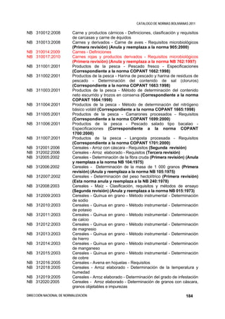 CATALOGO DE NORMAS BOLIVIANAS 2011

NB 310012:2008            Carne y productos cárnicos - Definiciones, clasificación y requisitos
                          de carcasas y carne de équidos
NB 310013:2008            Carnes y derivados - Carne de aves - Requisitos microbiológicos
                          (Primera revisión) (Anula y reemplaza a la norma 905:2000)
NB 310014:2009            Carnes - Definiciones
NB 310017:2010            Carnes rojas y productos derivados - Requisitos microbiológicos
                          (Primera revisión) (Anula y reemplaza a la norma NB 762:1997)
NB 311001:2001            Productos de la pesca - Pescado fresco - Especificaciones
                          (Correspondiente a la norma COPANT 1662:1998)
NB 311002:2001            Productos de la pesca - Harina de pescado y harina de residuos de
                          pescado - Determinación del contenido de sal (cloruros)
                          (Correspondiente a la norma COPANT 1663:1998)
NB 311003:2001            Productos de la pesca - Método de determinación del contenido
                          neto escurrido y trozos en conserva (Correspondiente a la norma
                          COPANT 1664:1998)
NB 311004:2001            Productos de la pesca - Método de determinación del nitrógeno
                          básico volátil (Correspondiente a la norma COPANT 1665:1998)
NB 311005:2001            Productos de la pesca - Camarones procesados - Requisitos
                          (Correspondiente a la norma COPANT 1699:2000)
NB 311006:2001            Productos de la pesca - Pescado salado tipo bacalao -
                          Especificaciones (Correspondiente a la norma COPANT
                          1700:2000)
NB 311007:2001            Productos de la pesca - Langosta procesada - Requisitos
                          (Correspondiente a la norma COPANT 1701:2000)
NB 312001:2006            Cereales - Arroz con cáscara - Requisitos (Segunda revisión)
NB 312002:2006            Cereales - Arroz elaborado - Requisitos (Tercera revisión)
NB 312005:2002            Cereales - Determinación de la fibra cruda (Primera revisión) (Anula
                          y reemplaza a la norma NB 104:1975)
NB 312006:2002            Cereales - Determinación de la masa de 1 000 granos (Primera
                          revisión) (Anula y reemplaza a la norma NB 105:1975)
NB 312007:2002            Cereales - Determinación del peso hectolítrico (Primera revisión)
                          (Esta norma anula y reemplaza a la NB 240:1978)
NB 312008:2003            Cereales - Maíz - Clasificación, requisitos y métodos de ensayo
                          (Segunda revisión) (Anula y reemplaza a la norma NB 015:1973)
NB 312009:2003            Cereales - Quinua en grano - Método instrumental - Determinación
                          de sodio
NB 312010:2003            Cereales - Quinua en grano - Método instrumental - Determinación
                          de potasio
NB 312011:2003            Cereales - Quinua en grano - Método instrumental - Determinación
                          de calcio
NB 312012:2003            Cereales - Quinua en grano - Método instrumental - Determinación
                          de magnesio
NB 312013:2003            Cereales - Quinua en grano - Método instrumental - Determinación
                          de hierro
NB 312014:2003            Cereales - Quinua en grano - Método instrumental - Determinación
                          de manganeso
NB 312015:2003            Cereales - Quinua en grano - Método instrumental - Determinación
                          de cobre
NB 312016:2005            Cereales - Avena en hojuelas - Requisitos
NB 312018:2005            Cereales - Arroz elaborado - Determinación de la temperatura y
                          humedad
NB 312019:2005            Cereales - Arroz elaborado - Determinación del grado de infestación
NB 312020:2005            Cereales - Arroz elaborado - Determinación de granos con cáscara,
                          granos objetables e impurezas

DIRECCIÓN NACIONAL DE NORMALIZACIÓN                                                      184
 