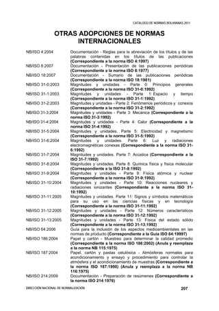 CATALOGO DE NORMAS BOLIVIANAS 2011


                OTRAS ADOPCIONES DE NORMAS
                      INTERNACIONALES
NB/ISO 4:2004             Documentación - Reglas para la abreviación de los títulos y de las
                          palabras contenidas en los títulos de las publicaciones
                          (Correspondiente a la norma ISO 4:1997)
NB/ISO 8:2007             Documentación - Presentación de las publicaciones periódicas
                          (Correspondiente a la norma ISO 8:1977)
NB/ISO 18:2007            Documentación - Sumario de las publicaciones periódicas
                          (Correspondiente a la norma ISO 18:1981)
NB/ISO 31-0:2003          Magnitudes y unidades - Parte 0: Principios generales
                          (Correspondiente a la norma ISO 31-0:1992)
NB/ISO 31-1:2003          Magnitudes y unidades - Parte 1: Espacio y tiempo
                          (Correspondiente a la norma ISO 31-1:1992)
NB/ISO 31-2:2003          Magnitudes y unidades - Parte 2: Fenómenos periódicos y conexos
                          (Correspondiente a la norma ISO 31-2:1992)
NB/ISO 31-3:2004          Magnitudes y unidades - Parte 3: Mecánica (Correspondiente a la
                          norma ISO 31-3:1992)
NB/ISO 31-4:2004          Magnitudes y unidades - Parte 4: Calor (Correspondiente a la
                          norma ISO 31-4:1992)
NB/ISO 31-5:2004          Magnitudes y unidades. Parte 5: Electricidad y magnetismo
                          (Correspondiente a la norma ISO 31-5:1992)
NB/ISO 31-6:2004          Magnitudes y unidades. Parte 6: Luz y radiaciones
                          electromagnéticas conexas (Correspondiente a la norma ISO 31-
                          6:1992)
NB/ISO 31-7:2004          Magnitudes y unidades. Parte 7: Acústica (Correspondiente a la
                          ISO 31-7:1992)
NB/ISO 31-8:2004          Magnitudes y unidades. Parte 8: Química física y física molecular
                          (Correspondiente a la ISO 31-8:1992)
NB/ISO 31-9:2004          Magnitudes y unidades - Parte 9: Física atómica y nuclear
                          (Correspondiente a la norma ISO 31-9:1992)
NB/ISO 31-10:2004         Magnitudes y unidades - Parte 10: Reacciones nucleares y
                          radiaciones ionizantes (Correspondiente a la norma ISO 31-
                          10:1992)
NB/ISO 31-11:2005         Magnitudes y unidades. Parte 11: Signos y símbolos matemáticos
                          para su uso en las ciencias físicas y en tecnología
                          (Correspondiente a la norma ISO 31-11:1992)
NB/ISO 31-12:2005         Magnitudes y unidades - Parte 12: Números característicos
                          (Correspondiente a la norma ISO 31-12:1992)
NB/ISO 31-13:2005         Magnitudes y unidades - Parte 13: Física del estado sólido
                          (Correspondiente a la norma ISO 31-13:1992)
NB/ISO 64:2006            Guía para la inclusión de los aspectos medioambientales en las
                          normas de producto (Correspondiente a la Guía ISO 64:19997)
NB/ISO 186:2004           Papel y cartón - Muestreo para determinar la calidad promedio
                          (Correspondiente a la norma ISO 186:2002) (Anula y reemplaza
                          a la norma NB 115:1975)
NB/ISO 187:2004           Papel, cartón y pastas celulósica - Atmósferas normales para
                          acondicionamiento y ensayo y procedimiento para controlar la
                          atmósfera y el acondicionamiento de muestras (Correspondiente a
                          la norma ISO 187:1990) (Anula y reemplaza a la norma NB
                          116:1975)
NB/ISO 214:2009           Documentación - Preparación de resúmenes (Correspondiente a
                          la norma ISO 214:1976)
DIRECCIÓN NACIONAL DE NORMALIZACIÓN                                                    207
 