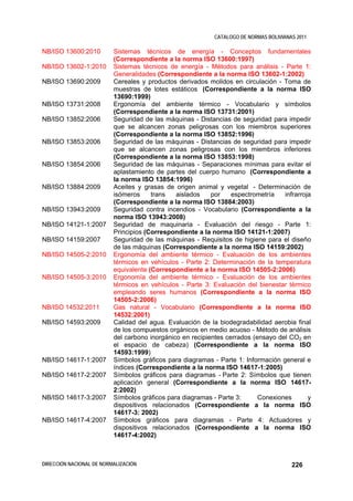 CATALOGO DE NORMAS BOLIVIANAS 2011

NB/ISO 13600:2010         Sistemas técnicos de energía - Conceptos fundamentales
                          (Correspondiente a la norma ISO 13600:1997)
NB/ISO 13602-1:2010       Sistemas técnicos de energía - Métodos para análisis - Parte 1:
                          Generalidades (Correspondiente a la norma ISO 13602-1:2002)
NB/ISO 13690:2009         Cereales y productos derivados molidos en circulación - Toma de
                          muestras de lotes estáticos (Correspondiente a la norma ISO
                          13690:1999)
NB/ISO 13731:2008         Ergonomía del ambiente térmico - Vocabulario y símbolos
                          (Correspondiente a la norma ISO 13731:2001)
NB/ISO 13852:2006         Seguridad de las máquinas - Distancias de seguridad para impedir
                          que se alcancen zonas peligrosas con los miembros superiores
                          (Correspondiente a la norma ISO 13852:1996)
NB/ISO 13853:2006         Seguridad de las máquinas - Distancias de seguridad para impedir
                          que se alcancen zonas peligrosas con los miembros inferiores
                          (Correspondiente a la norma ISO 13853:1998)
NB/ISO 13854:2006         Seguridad de las máquinas - Separaciones mínimas para evitar el
                          aplastamiento de partes del cuerpo humano (Correspondiente a
                          la norma ISO 13854:1996)
NB/ISO 13884:2009         Aceites y grasas de origen animal y vegetal - Determinación de
                          isómeros     trans   aislados    por    espectrometría   infrarroja
                          (Correspondiente a la norma ISO 13884:2003)
NB/ISO 13943:2009         Seguridad contra incendios - Vocabulario (Correspondiente a la
                          norma ISO 13943:2008)
NB/ISO 14121-1:2007       Seguridad de maquinaria - Evaluación del riesgo - Parte 1:
                          Principios (Correspondiente a la norma ISO 14121-1:2007)
NB/ISO 14159:2007         Seguridad de las máquinas - Requisitos de higiene para el diseño
                          de las máquinas (Correspondiente a la norma ISO 14159:2002)
NB/ISO 14505-2:2010       Ergonomía del ambiente térmico - Evaluación de los ambientes
                          térmicos en vehículos - Parte 2: Determinación de la temperatura
                          equivalente (Correspondiente a la norma ISO 14505-2:2006)
NB/ISO 14505-3:2010       Ergonomía del ambiente térmico - Evaluación de los ambientes
                          térmicos en vehículos - Parte 3: Evaluación del bienestar térmico
                          empleando seres humanos (Correspondiente a la norma ISO
                          14505-2:2006)
NB/ISO 14532:2011         Gas natural - Vocabulario (Correspondiente a la norma ISO
                          14532:2001)
NB/ISO 14593:2009         Calidad del agua. Evaluación de la biodegradabilidad aerobia final
                          de los compuestos orgánicos en medio acuoso - Método de análisis
                          del carbono inorgánico en recipientes cerrados (ensayo del CO2 en
                          el espacio de cabeza) (Correspondiente a la norma ISO
                          14593:1999)
NB/ISO 14617-1:2007       Símbolos gráficos para diagramas - Parte 1: Información general e
                          índices (Correspondiente a la norma ISO 14617-1:2005)
NB/ISO 14617-2:2007       Símbolos gráficos para diagramas - Parte 2: Símbolos que tienen
                          aplicación general (Correspondiente a la norma ISO 14617-
                          2:2002)
NB/ISO 14617-3:2007       Símbolos gráficos para diagramas - Parte 3:      Conexiones       y
                          dispositivos relacionados (Correspondiente a la norma ISO
                          14617-3: 2002)
NB/ISO 14617-4:2007       Símbolos gráficos para diagramas - Parte 4: Actuadores y
                          dispositivos relacionados (Correspondiente a la norma ISO
                          14617-4:2002)



DIRECCIÓN NACIONAL DE NORMALIZACIÓN                                                     226
 